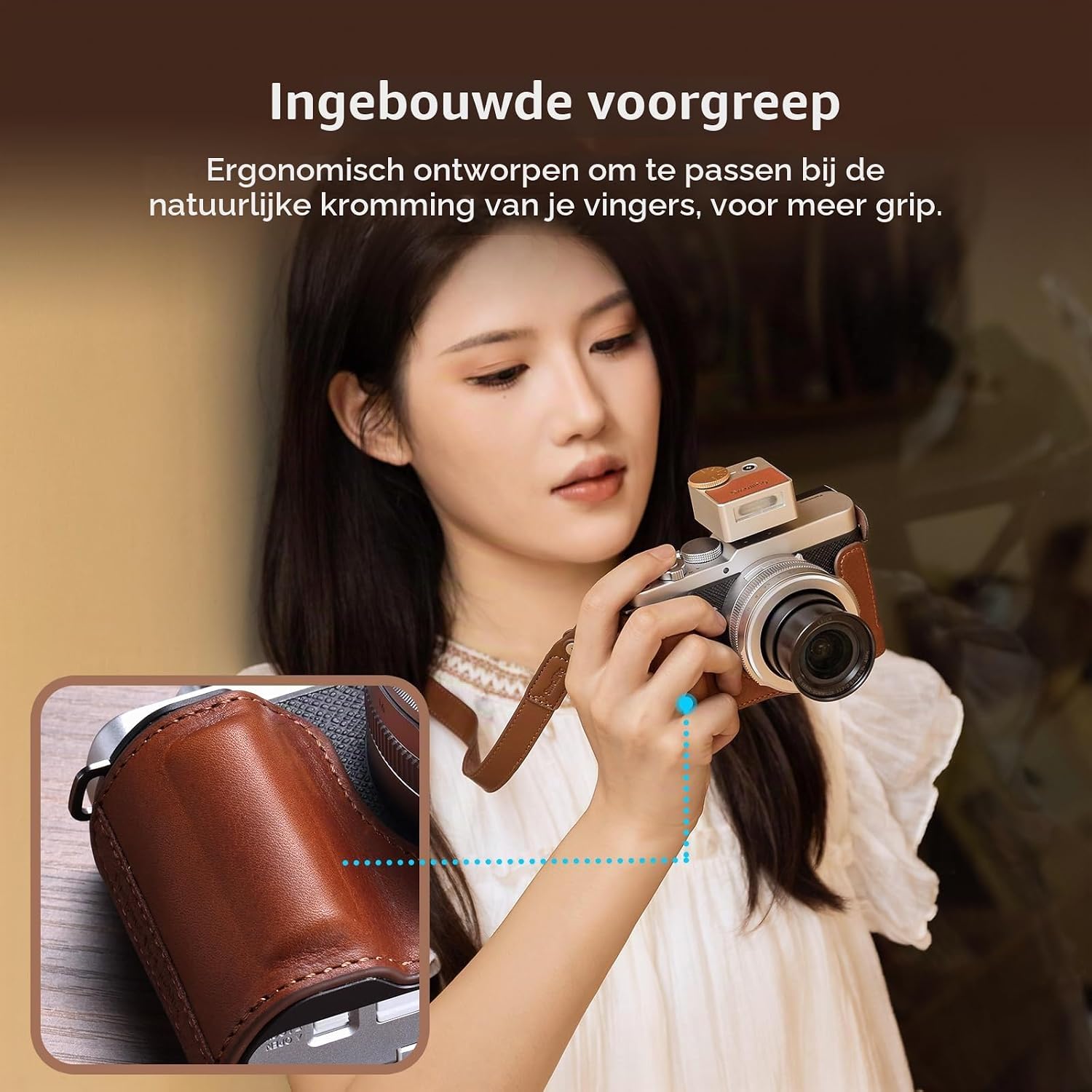 Detalle 2 de SMALLRIG 5699 leren halfcase voor Panasonic LUMIX L10 met grip, bruin
