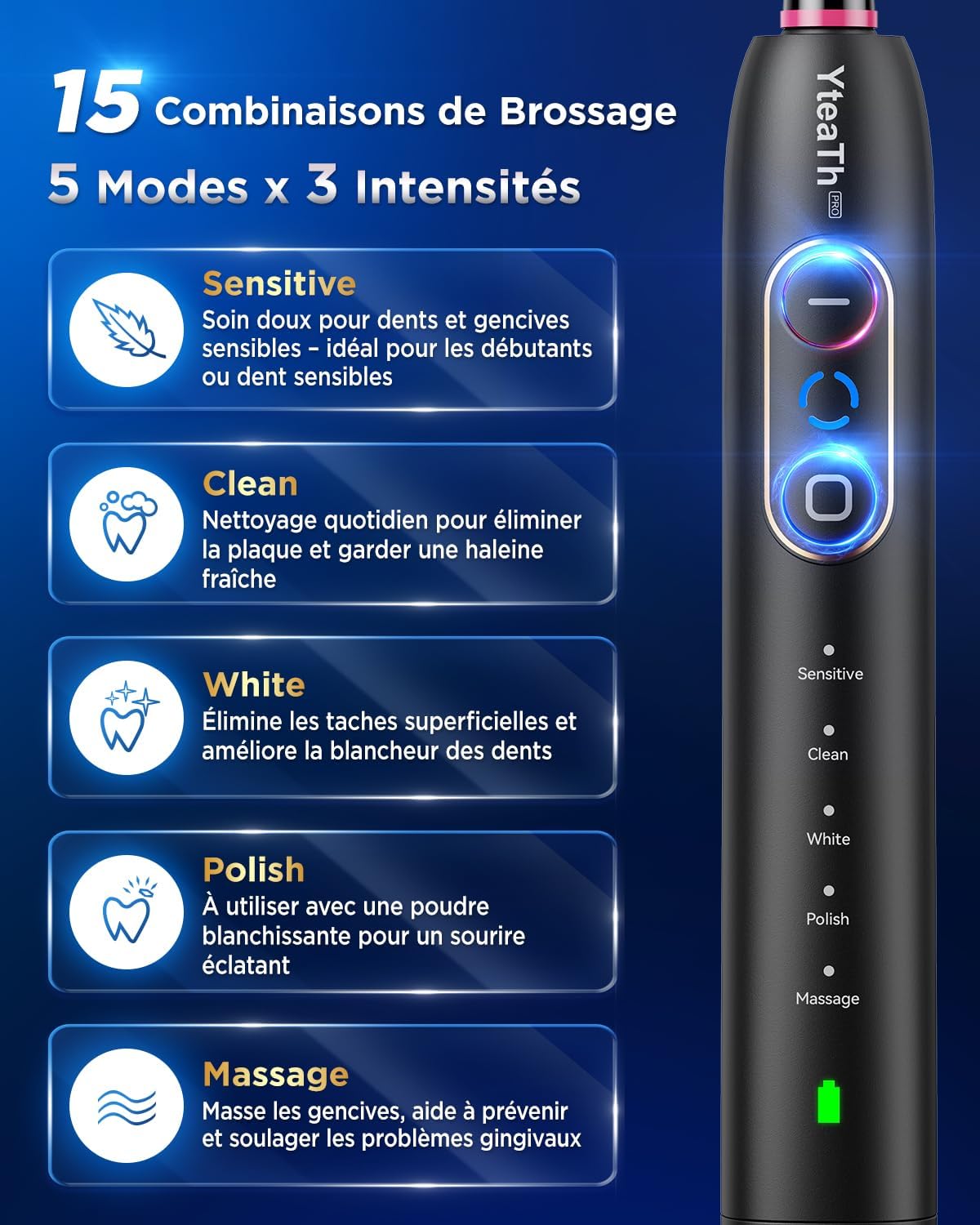 Detalle de YTEATH PRO: Brosse À Dent Électrique Rotative pour Adultes — 5 Modes, 3 Intensités, 8 Têtes, IPX7, Noir Profond