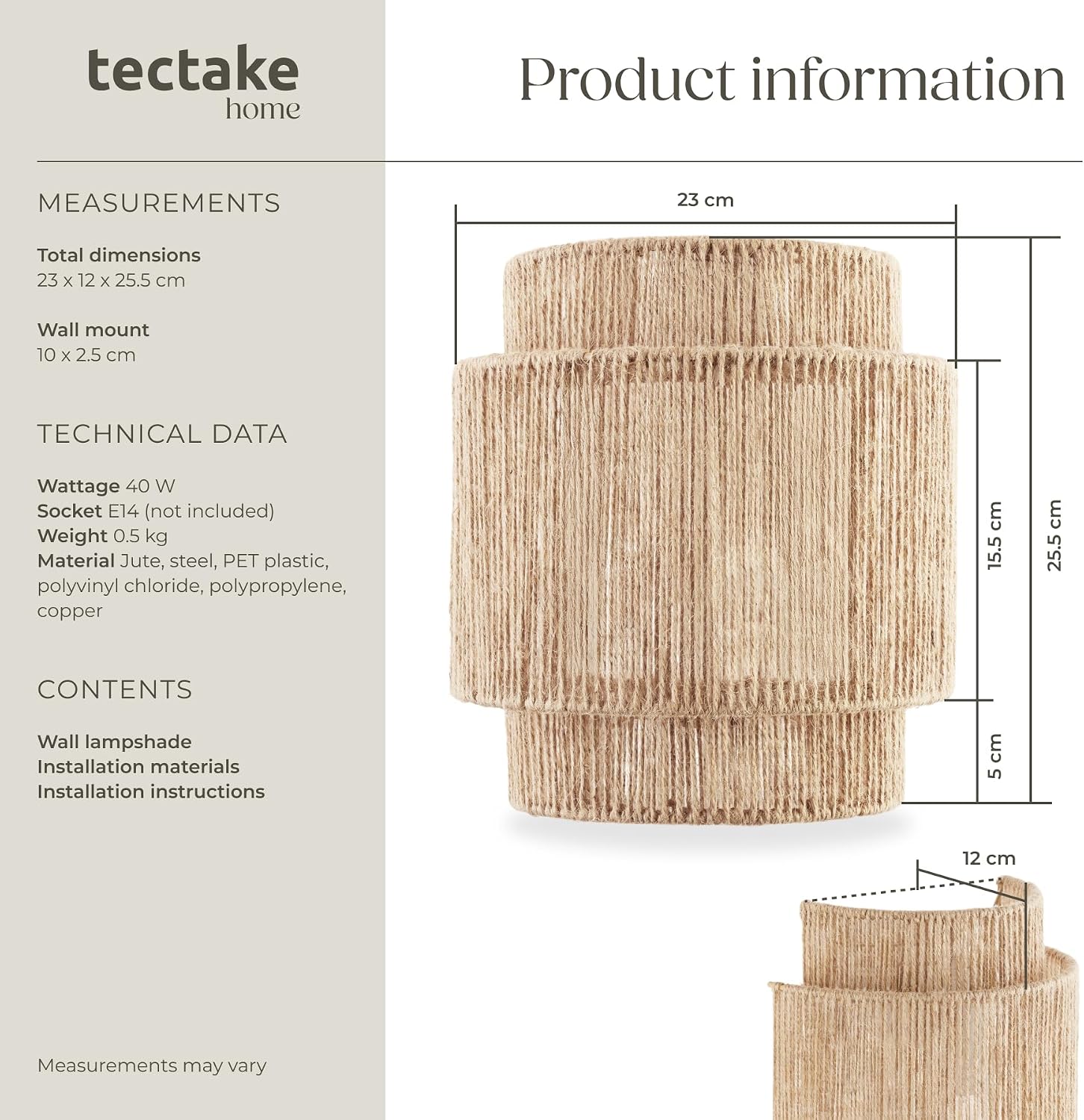 Detalle de tectake Lignea Lux 406074 vägglampa i jute, E14-sockel, upp till 40 W
