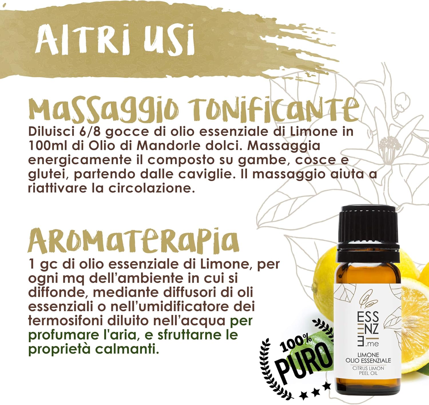 Detalle de ESSENZE OLIO ESSENZIALE DI LIMONE 100% Naturale, 10ml – Diffusore e Cura della pelle