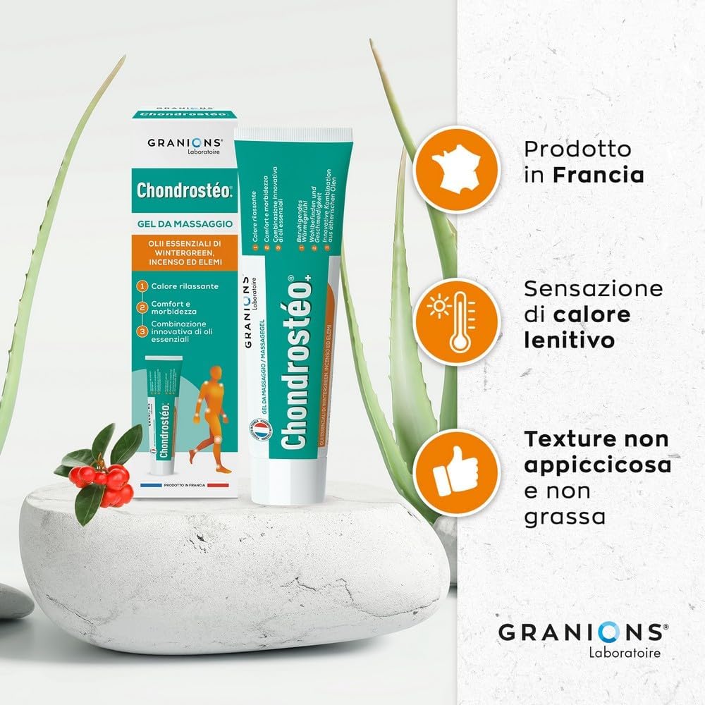 Detalle de Chondrostéo+ Gel Riscaldante per Massaggi, 100 ml – Olio essenziale di Gaultheria, Incenso ed Elemi
