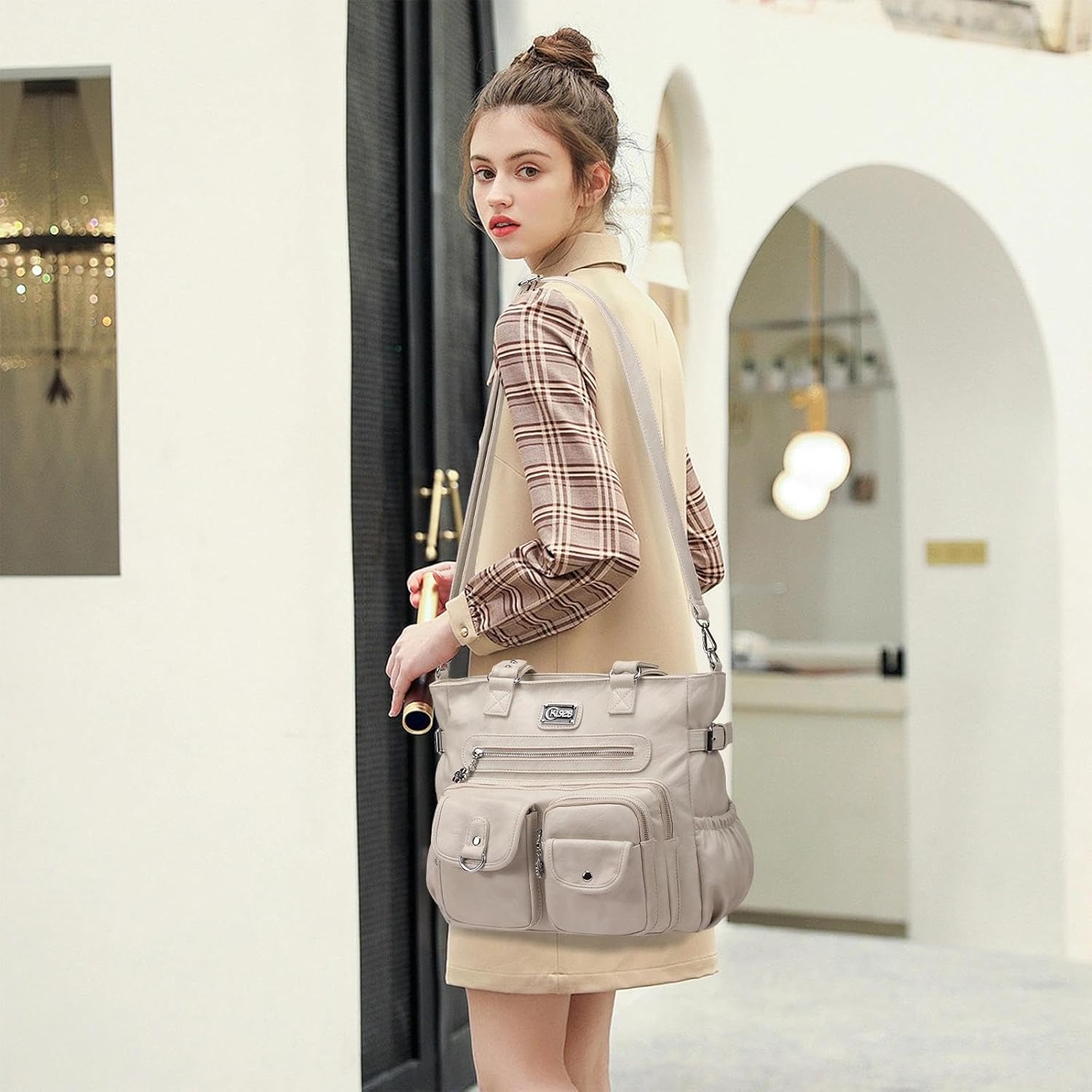 Thumbnail 2 de KL928 Handtasche Damen Umhängetasche Schultertasche mit vielen Fächern (KL928), Hellgrau Beige Cream