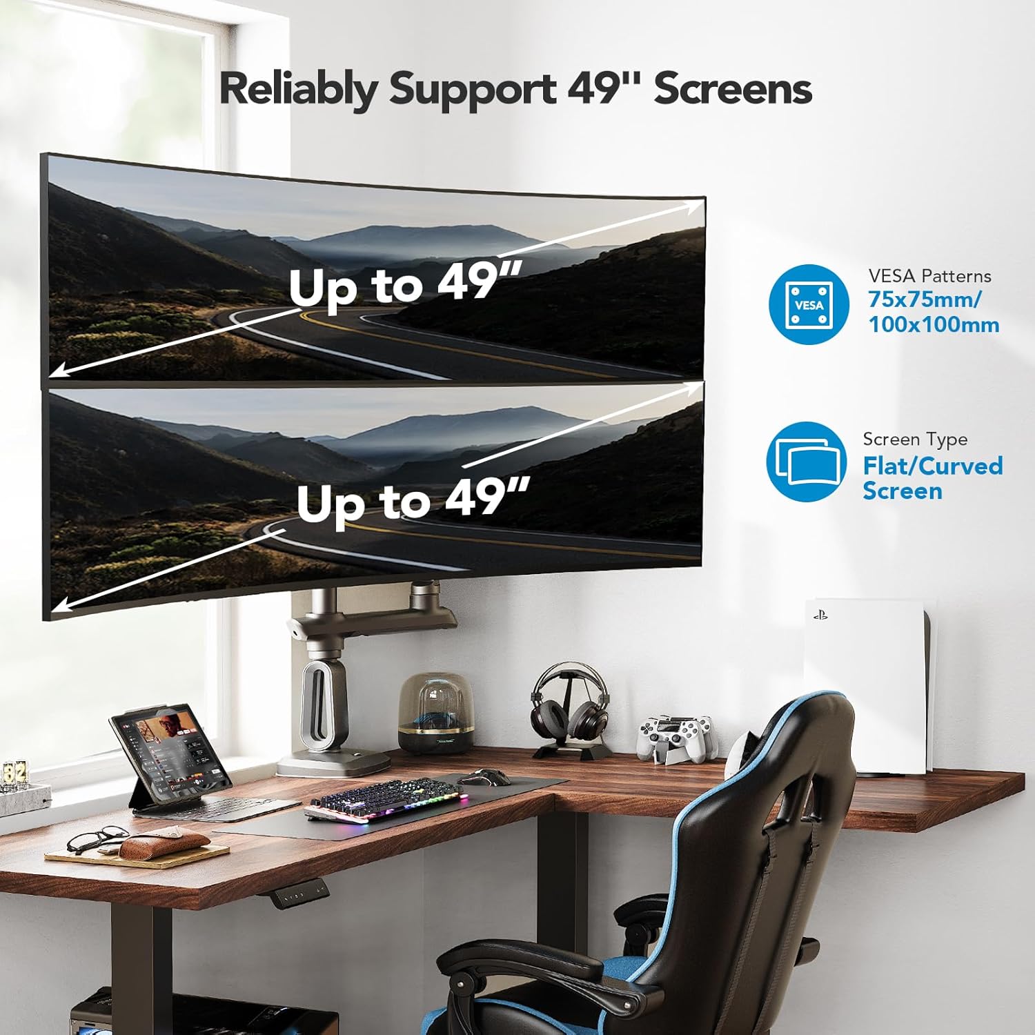 Thumbnail 1 de HUANUO supporto doppio monitor da scrivania per ultrawide fino a 49” (VESA 100x100, fino a 18 kg) con regolazione in altezza