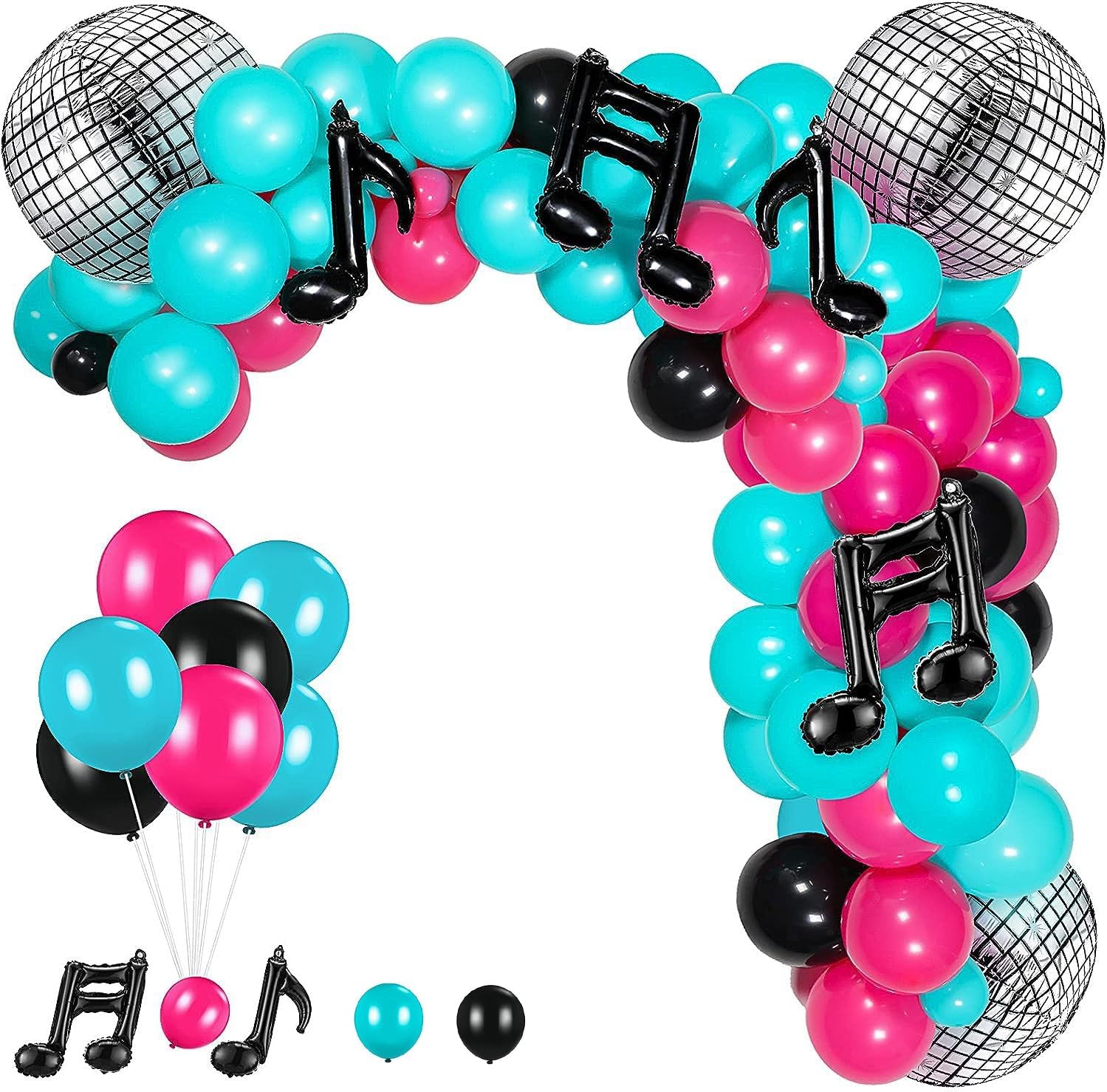 Detalle de Disco Musik Thema Luftballons – Rosarot, Blau, Schwarz – Party Dekoration für Karaoke, 80er/90er Disco Theme