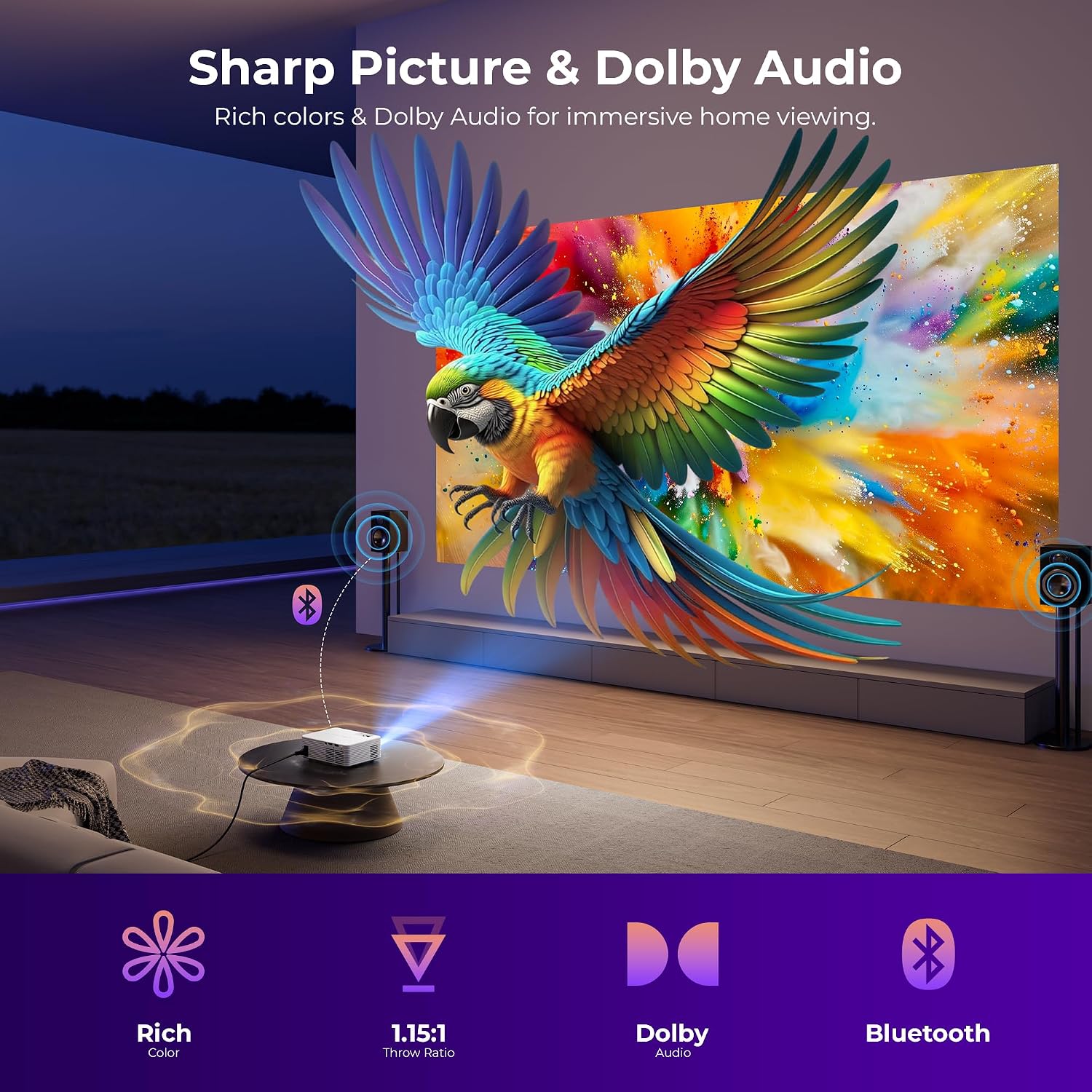 Detalle de ELEPHAS Roku TV Smart Projector, 1280 x 720, Wi-Fi and Bluetooth