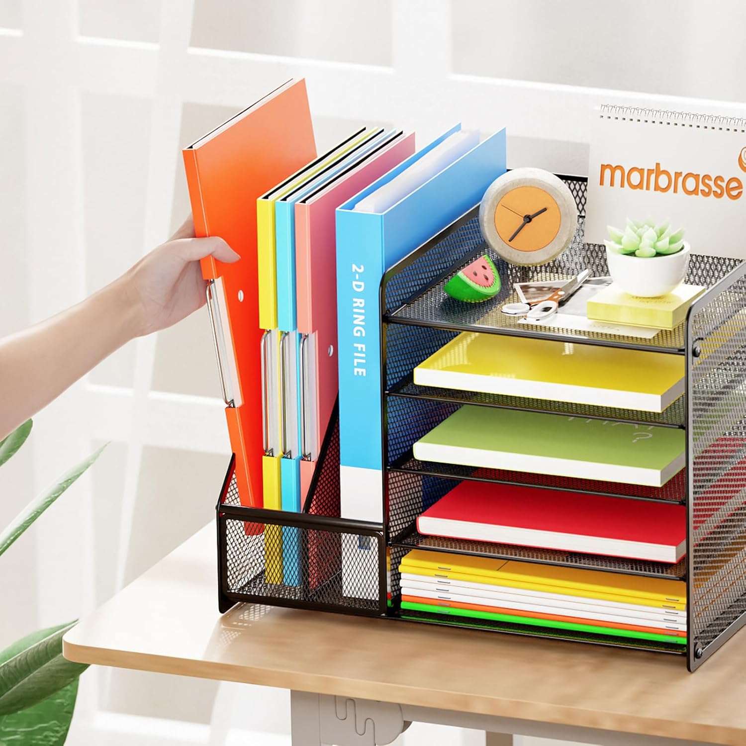 Detalle 2 de Marbrasse Schreibtisch-Organizer mit Aktenhalter, 5 Ebenen Papierablage (A4) & Halter für Stifte und Zeitschriften – Schwarz