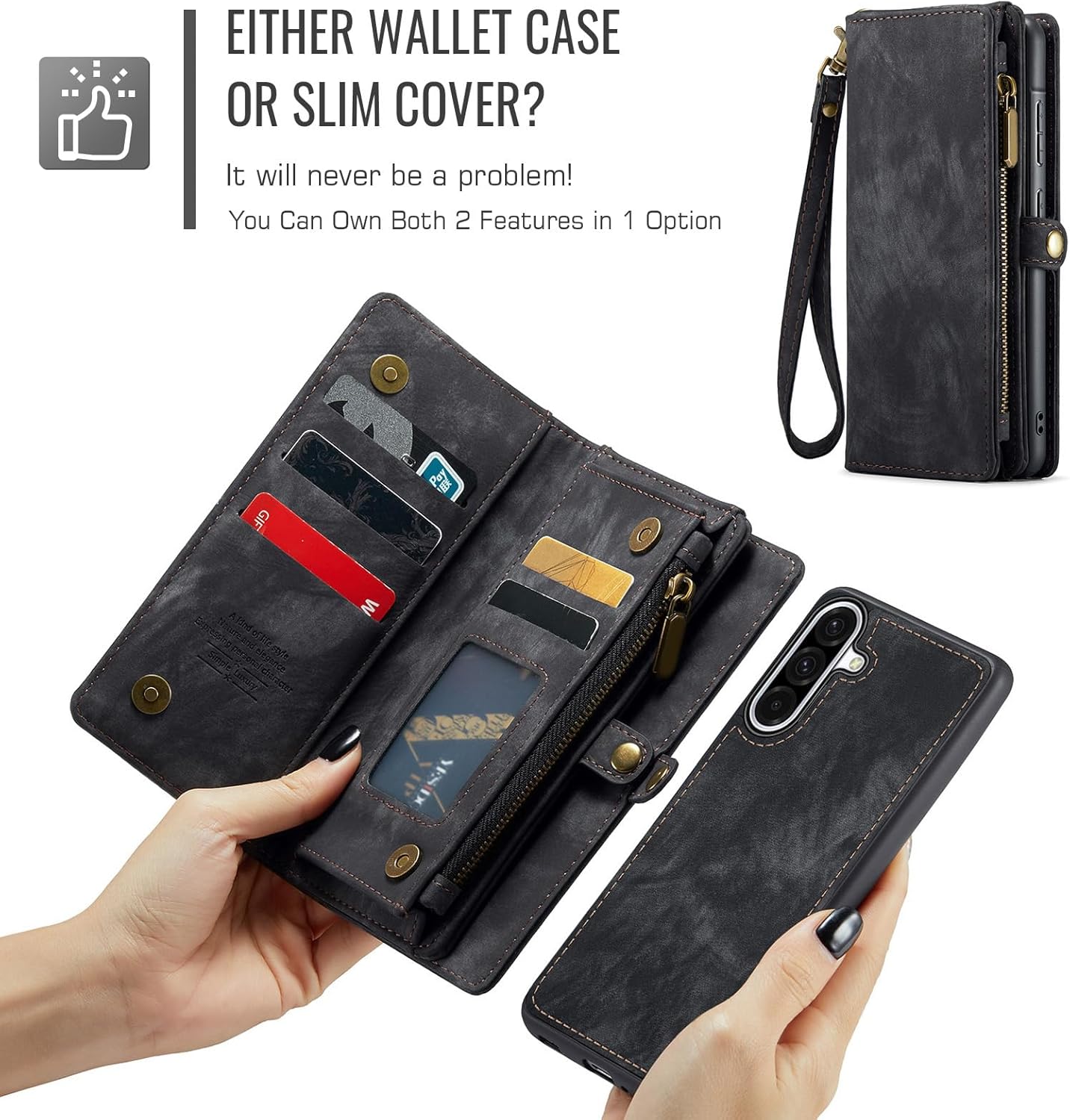 Thumbnail 2 de Asuwish Wallet Case with Magnetic Detachable Cover for Samsung Galaxy A56 5G — Black