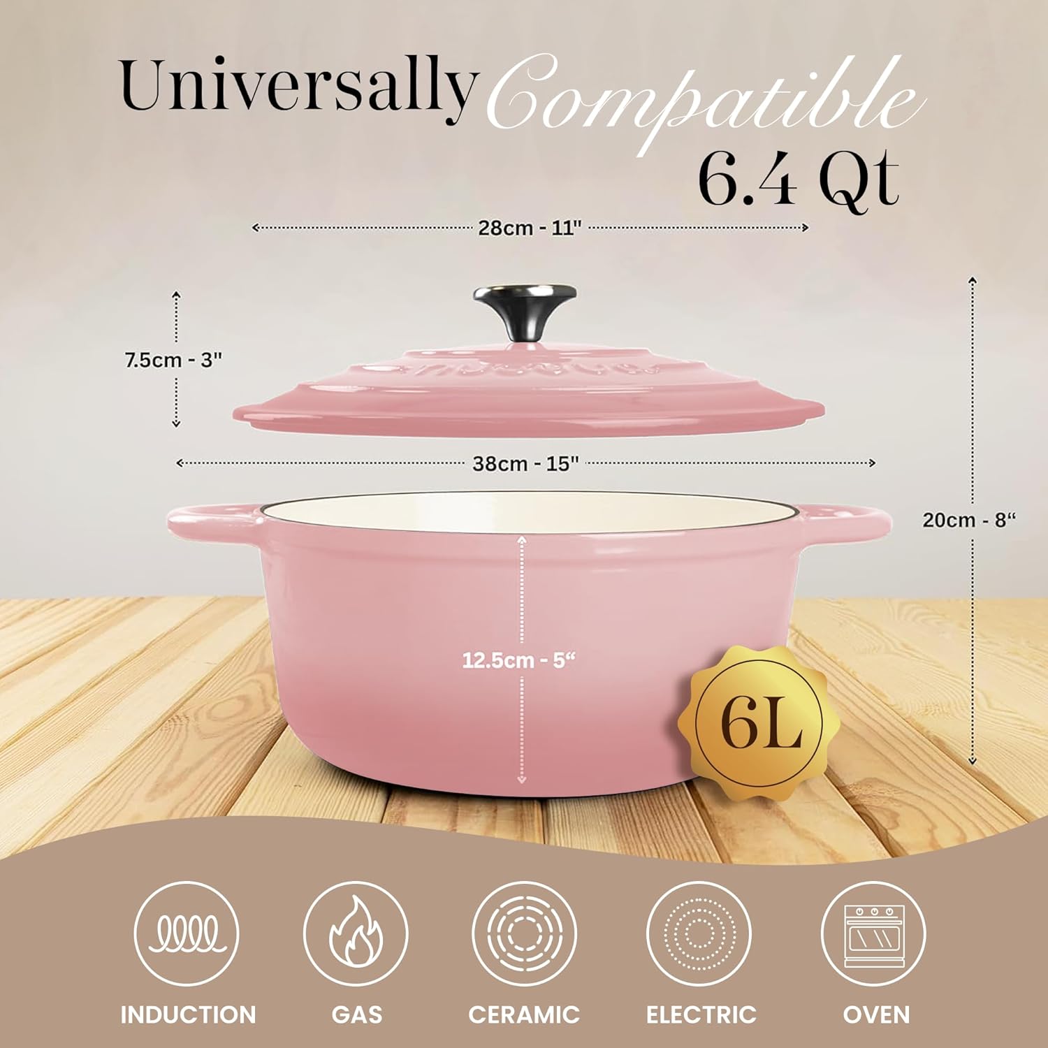 Thumbnail 1 de nuovva Enamelled Cast Iron Dutch Oven Pot with Lid – 6.4 Quart, 28cm Pink