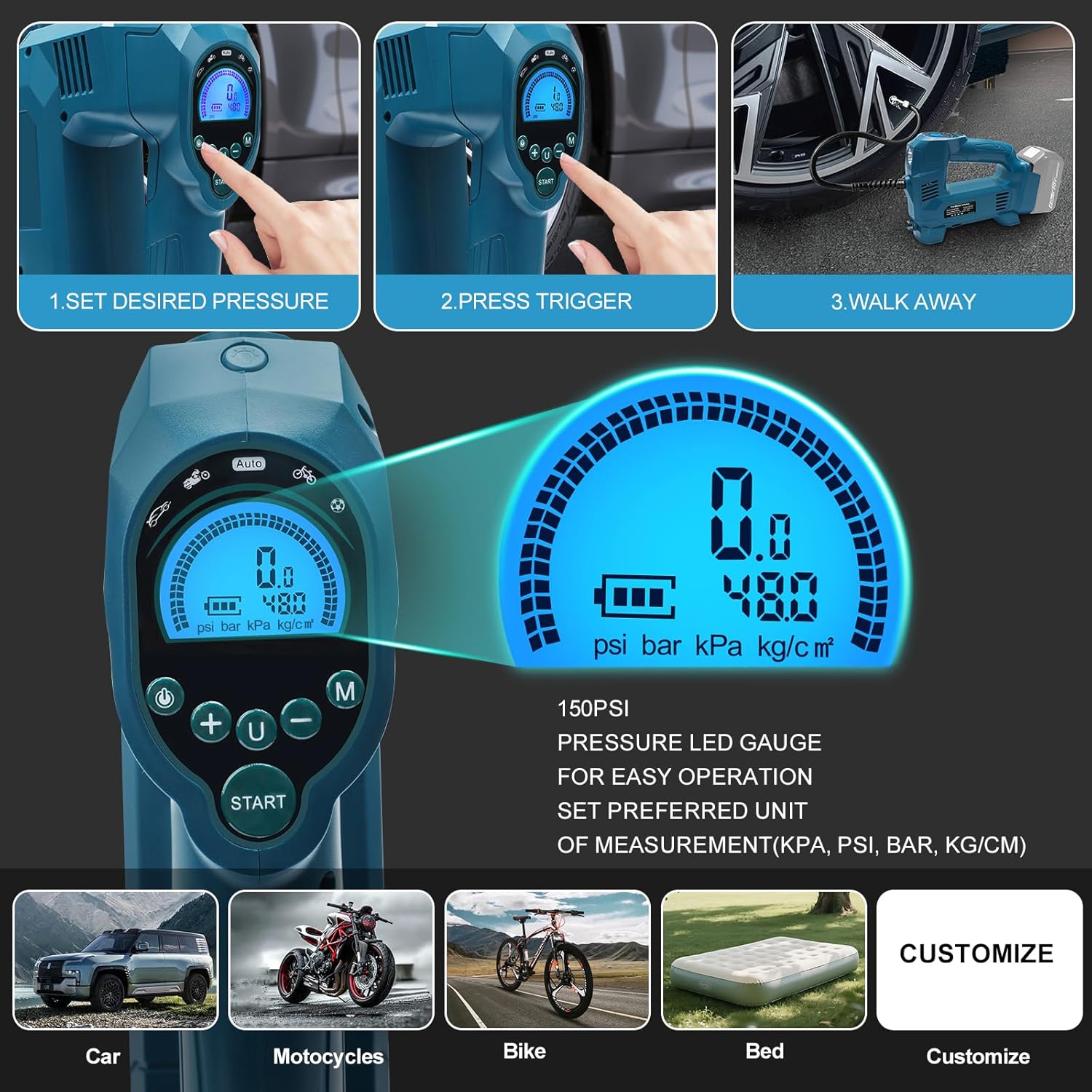 Thumbnail 3 de Powarobor compressore/gonfiatore portatile per batterie Makita 18V da 10,34 bar (150 PSI) con LED e spegnimento automatico