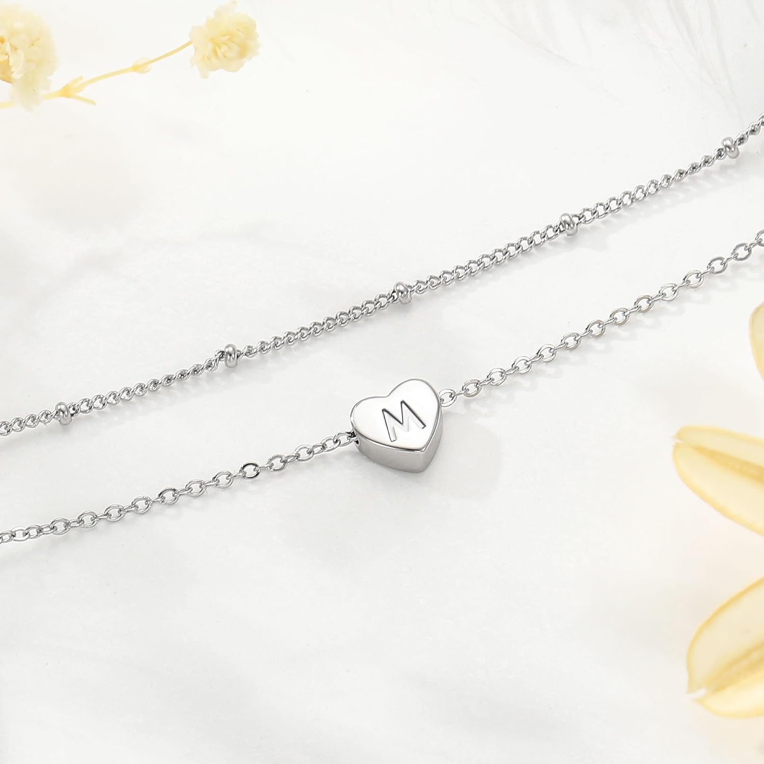 Thumbnail 5 de TINGN Bracelet cœur en argent et plaqué or blanc 14 carats avec initiales – Bracelet à breloques cœur, duo élégant