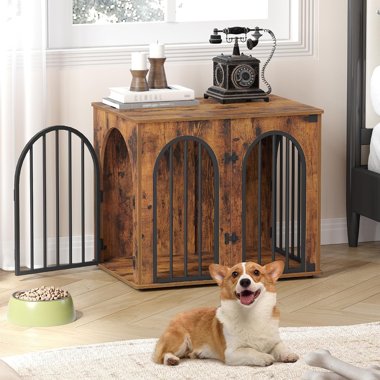 Detalle de Hzuaneri Hundekäfig Möbel DFC85501B – 68 cm Hundebox mit 3 Türen und Bogentür (Vintagebraun)