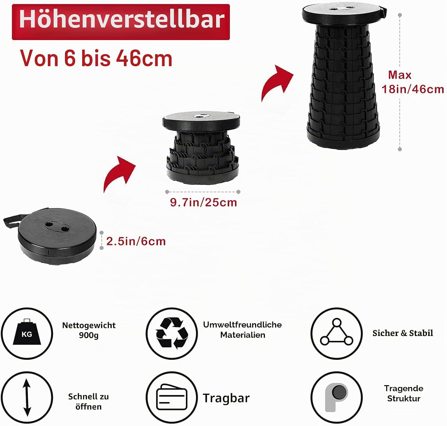 Detalle 2 de REAKOO Klapphocker Faltbar – Höhenverstellbar, Tragbar und Langlebig
