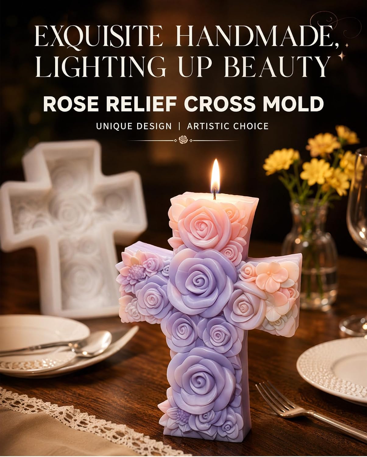 Detalle de Cross Candle Silicone Mold with Rose Detail