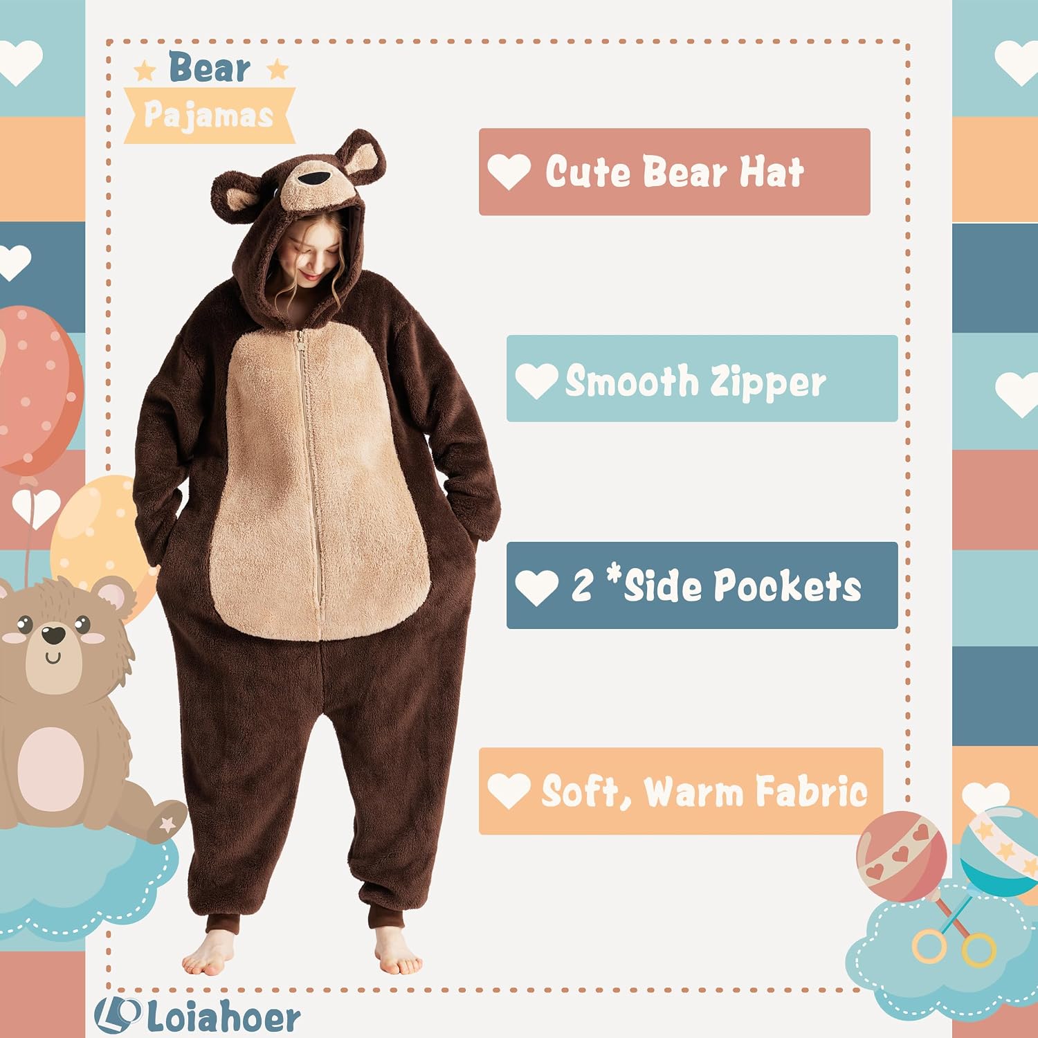 Detalle de Loiahoer Unisex Bear Onesie Pajamas in Shu Velveteen with Hood and Zipper