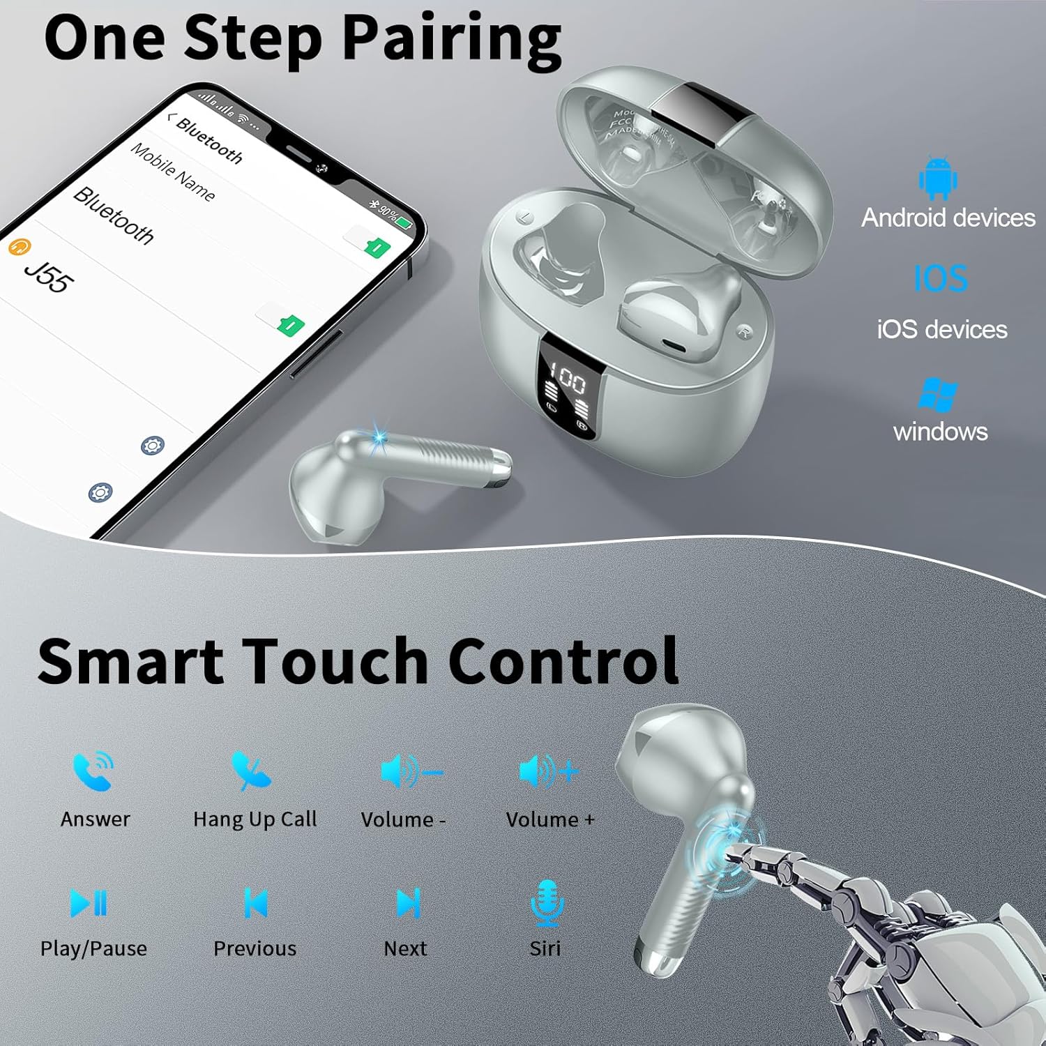 Detalle de Ecouteurs Bluetooth sans fil J55 – Bluetooth 5.4, IP7 et 48 h d’autonomie