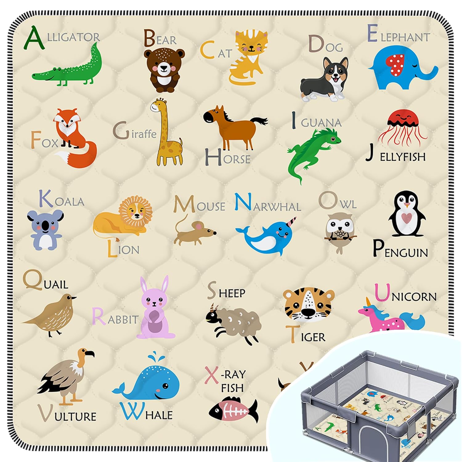Detalle de FUGWU Baby Play Mat, 47" x 47" Beige Animal, Non-Slip and Machine Washable
