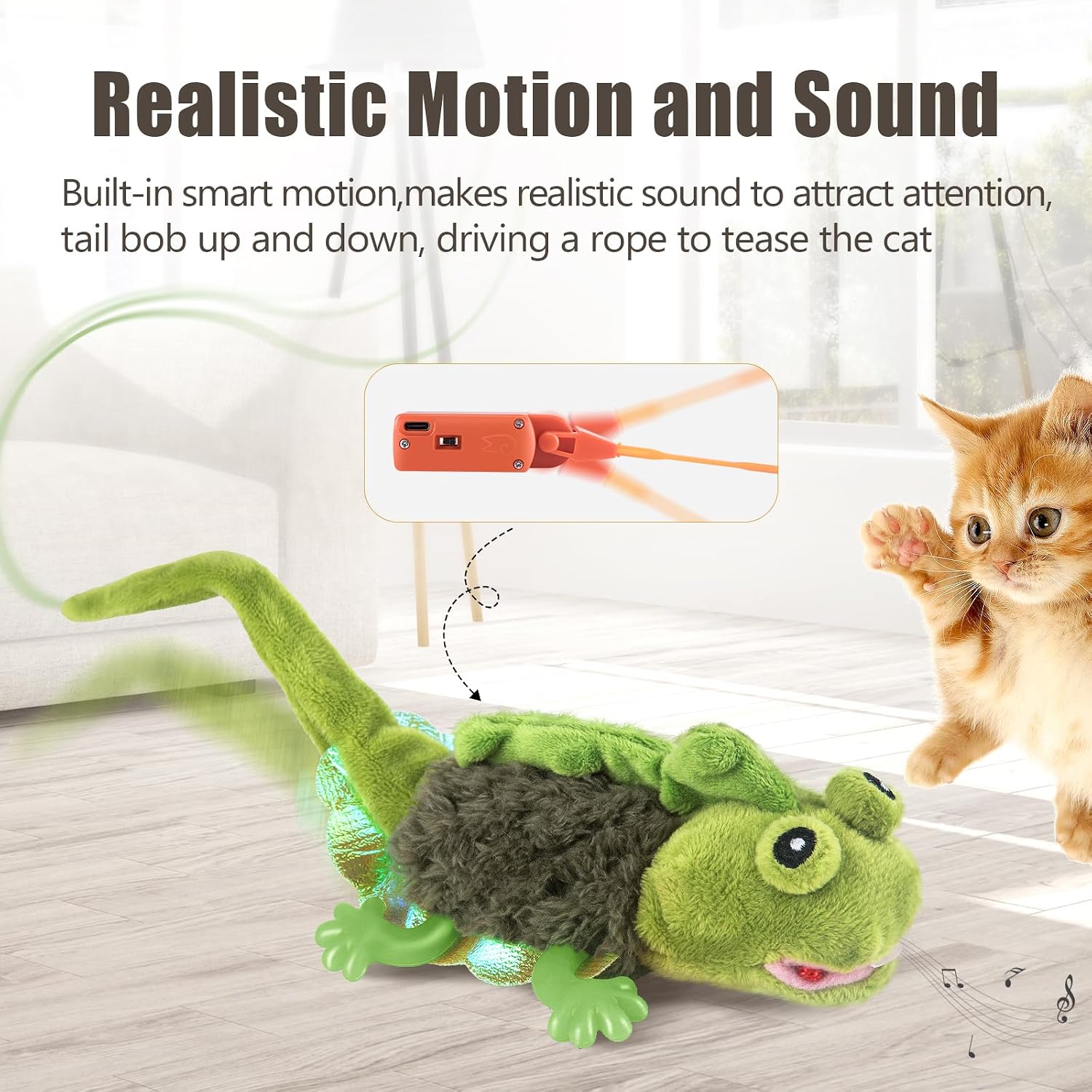 Detalle de Migipaws touch-activated flapping chirping lizard kitten toy (USB rechargeable)