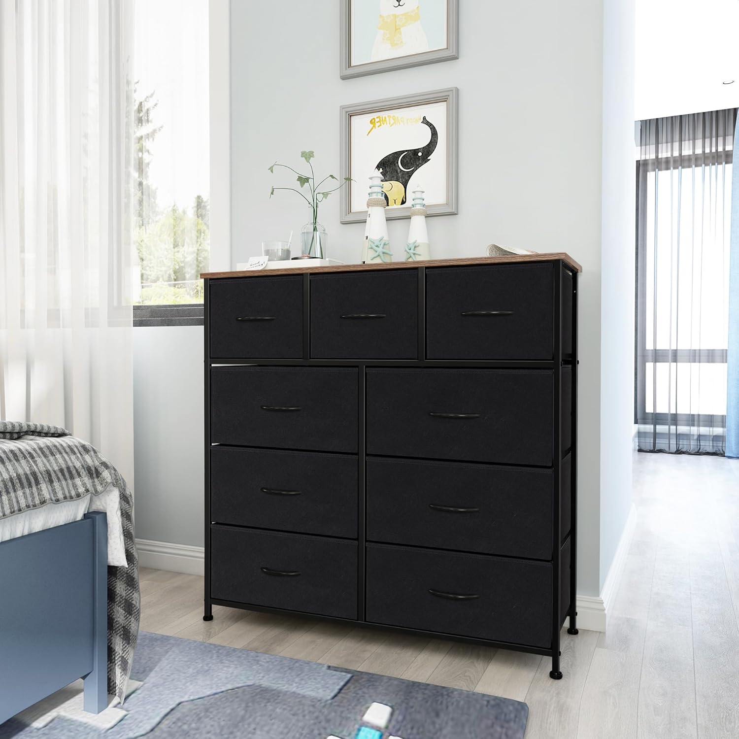 Detalle de LYNCOHOME 9 Drawer Fabric Chest of Drawers with Wood Top (Beige) – 100cm x 29.8cm x 100cm