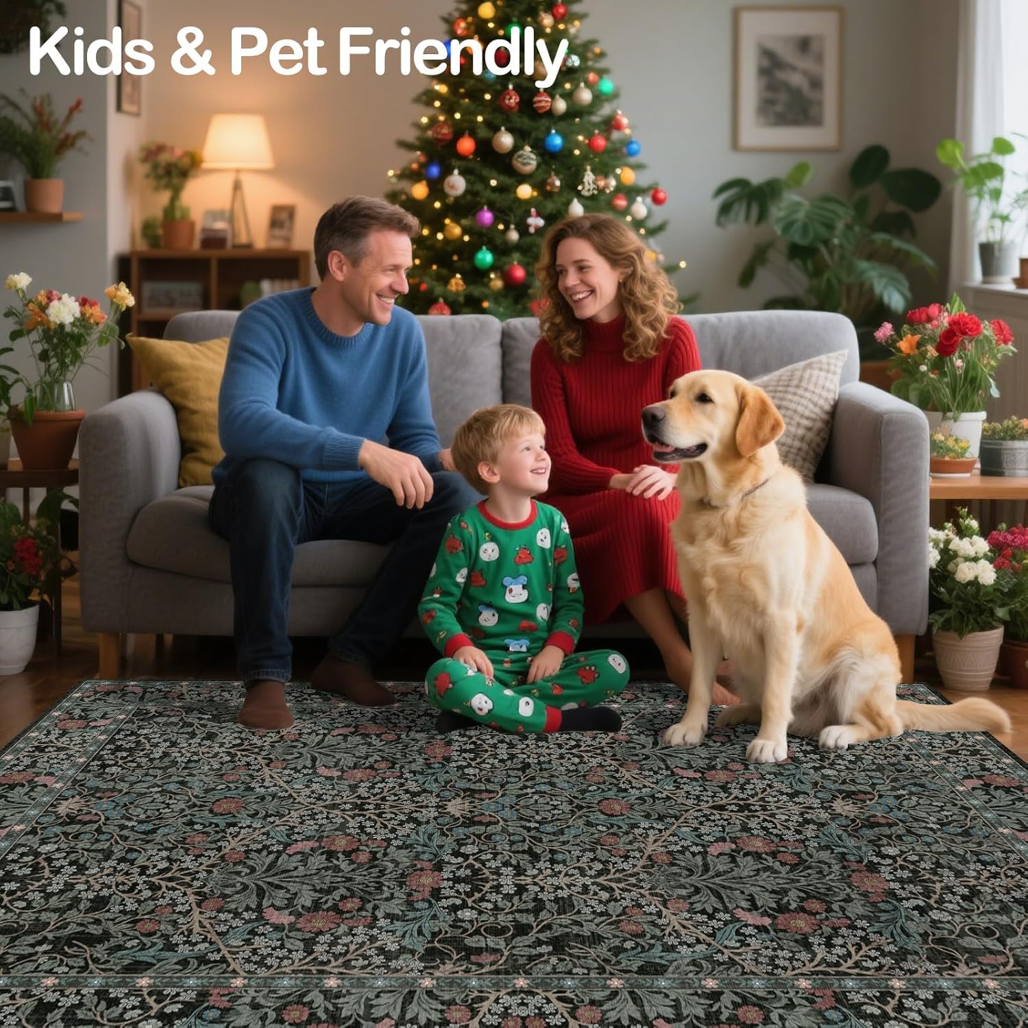 Thumbnail 6 de shinefly 8x10 Washable Floral Area Rug — Dark Green, Non-Slip, Low Pile