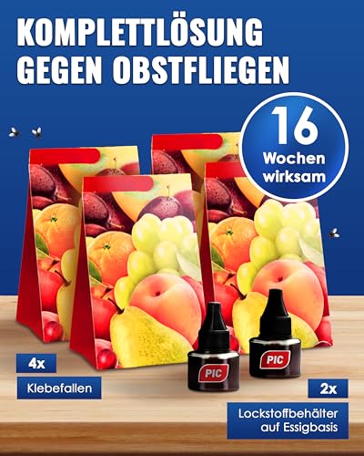 Detalle de PIC Fruchtfliegenfalle Küche – 4 Klebefallen, 2 Lockstoffe, Obstfliegenfalle für Innenräume