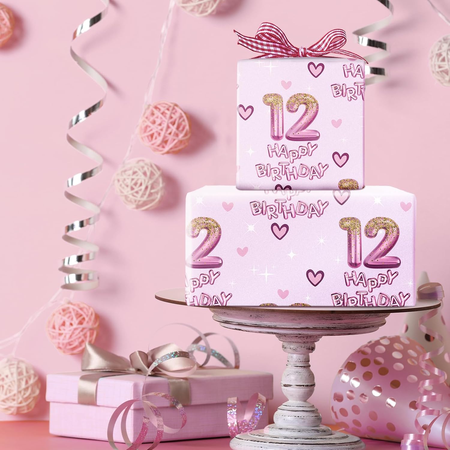 Thumbnail 4 de RUSPEPA 12th Birthday Wrapping Paper for Girls – Hearts and Pink 12 Balloons Happy Birthday Design, Mini Roll 43.2cm x 5m