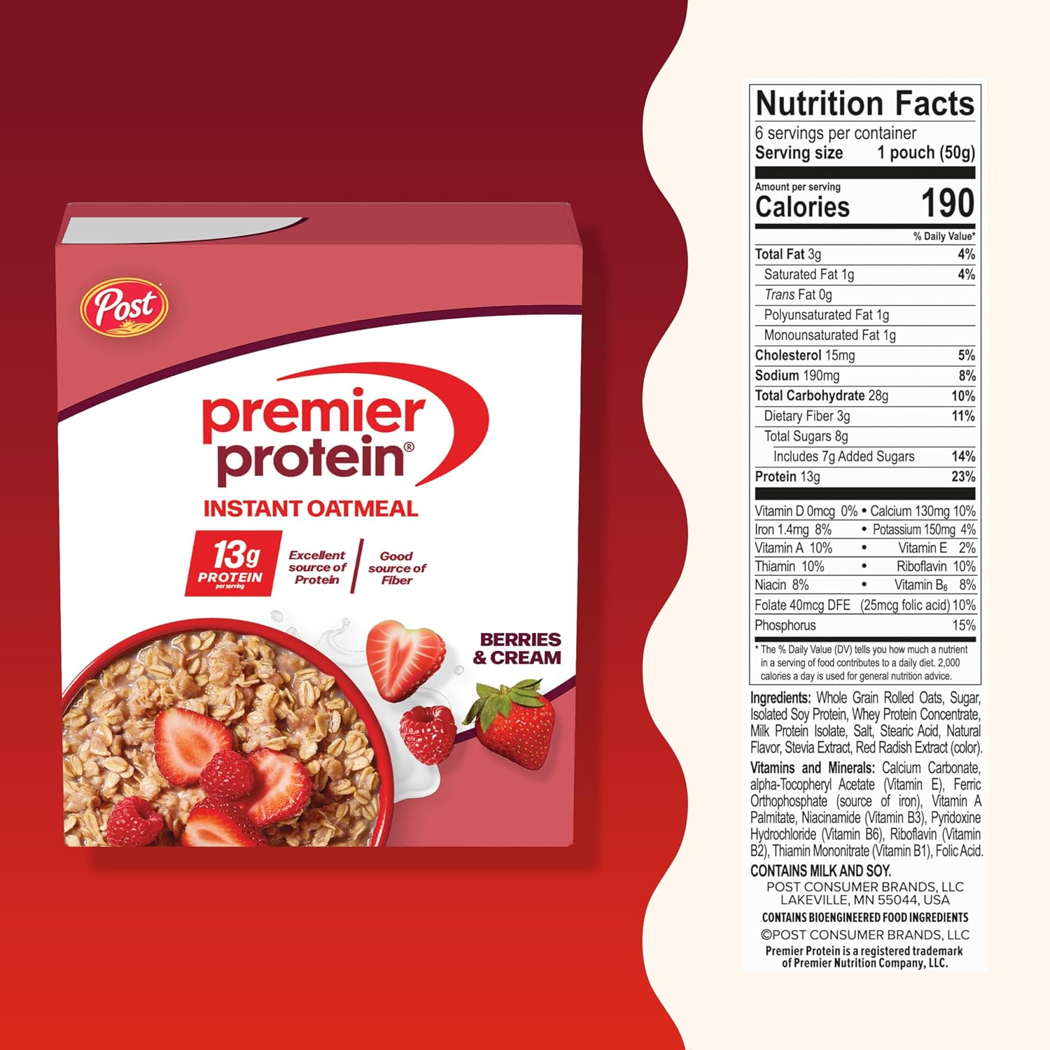 Detalle de Premier Protein 49120 Berries & Creme Protein Oatmeal, 13g Protein, 6-Pack