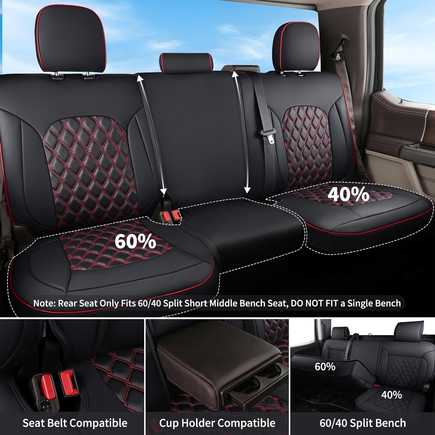 Thumbnail 1 de Huidasource Dodge Ram Seat Covers — Full Front & Rear Leather-Style Fit for 2009-2018 RAM 1500, 2010-2025 2500/3500 Crew Mega Cab, and 2019-2025 Ram 1500 Classic (Black & Red)