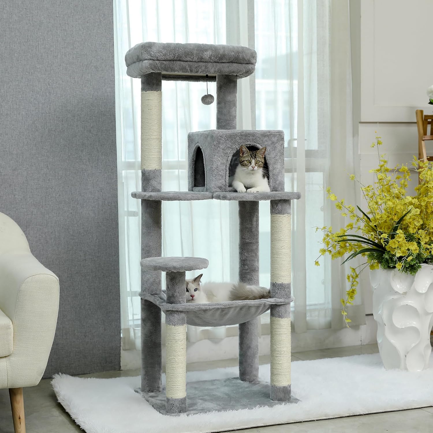 Detalle de PAWZ Road Kratzbaum für große Katzen (143 cm) – stabiler Katzenturm mit Hängematte, Katzenhaus und 6 Ebenen, grau