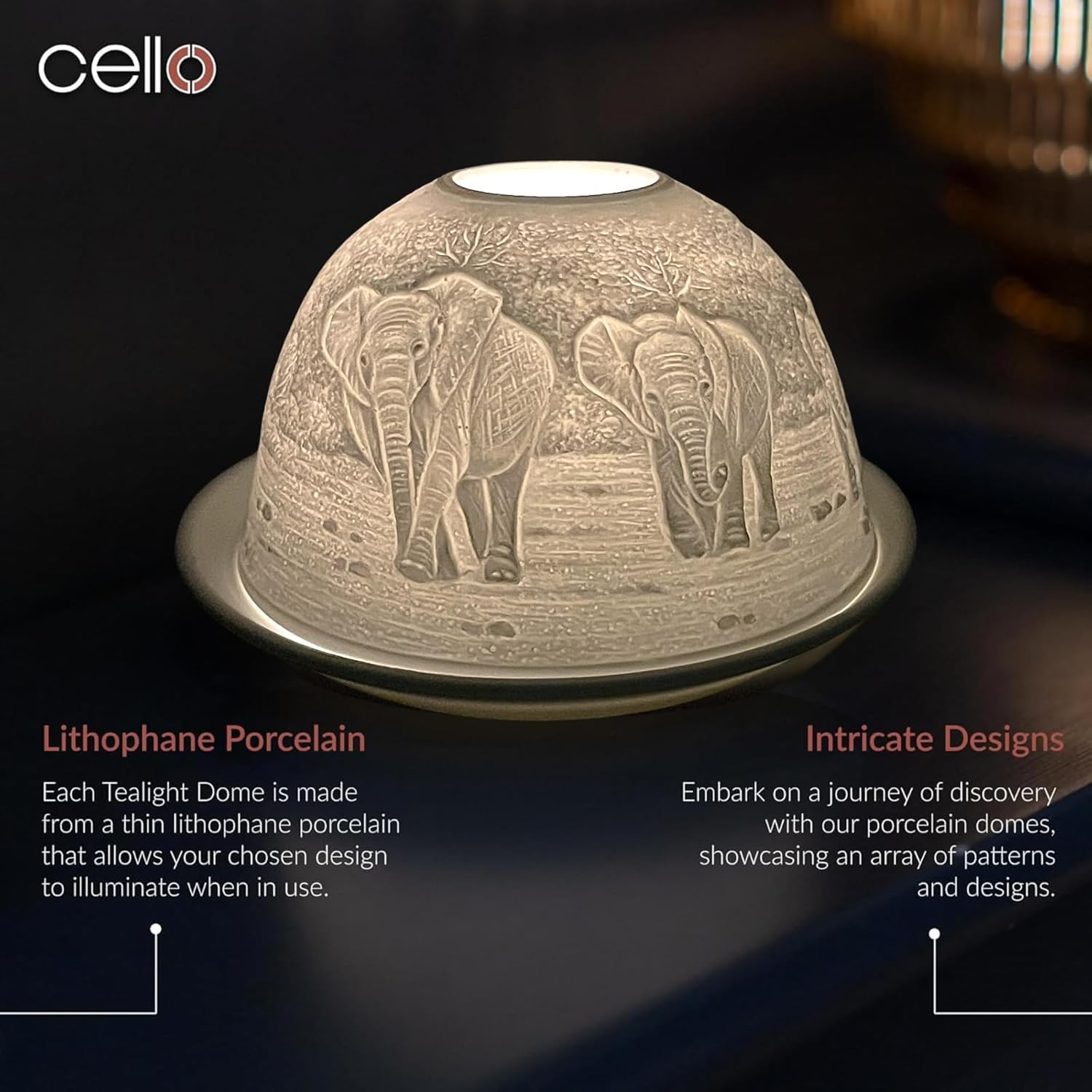 Thumbnail 2 de Cello Porcelain Tealight Holder Dome – Elephant Family 3D Projection Lithophane for LED or Wax Candle