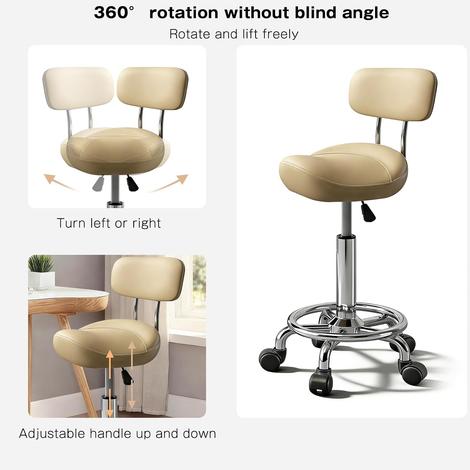 Detalle de Timbertouch MAYCAV5 Adjustable Saddle Stool with Backrest, Khaki PU Leather