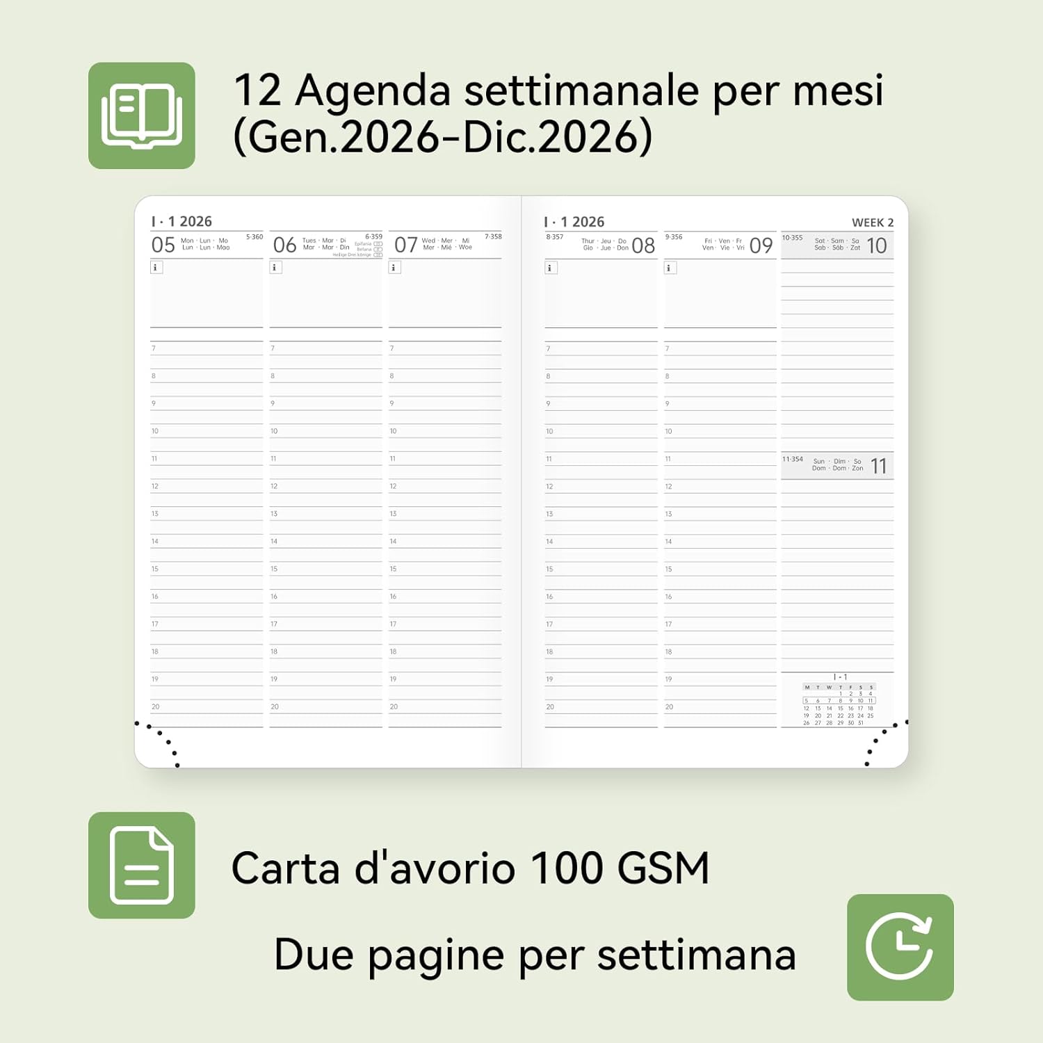 Detalle de FEKSINO Agenda 2026 Settimanale Verticale A5 21,3x14,6 cm 📖