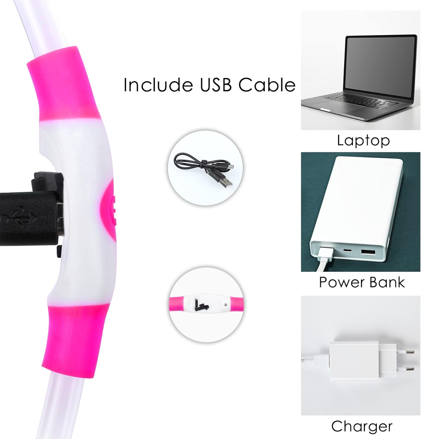 Detalle de Coolzon Collare Luminoso per Cani USB Ricaricabile – LED Regolabile, Impermeabile, 3 Modalità di Luce (Taglie Piccola/Media/Grande) – Rosa