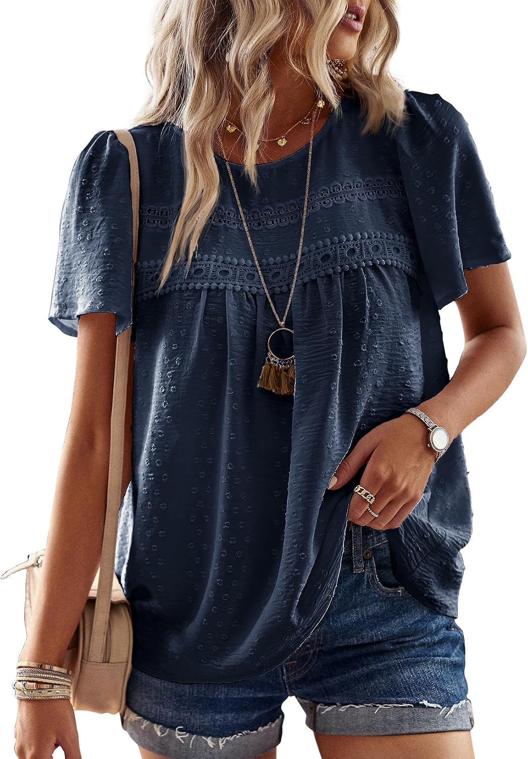 Detalle de Falechay Women's Swiss Dot Crochet Lace Tunic Top, Short Sleeve