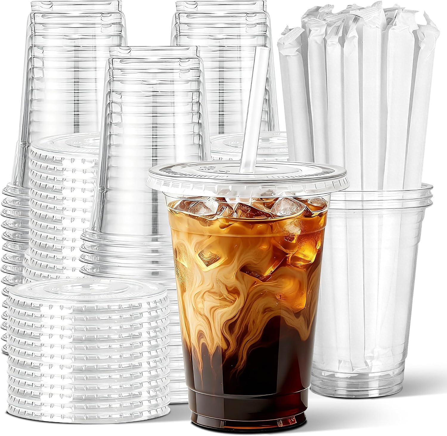 Detalle de Ginkgo 50 Pack 16 oz Clear Plastic Cups with Lids and Straws