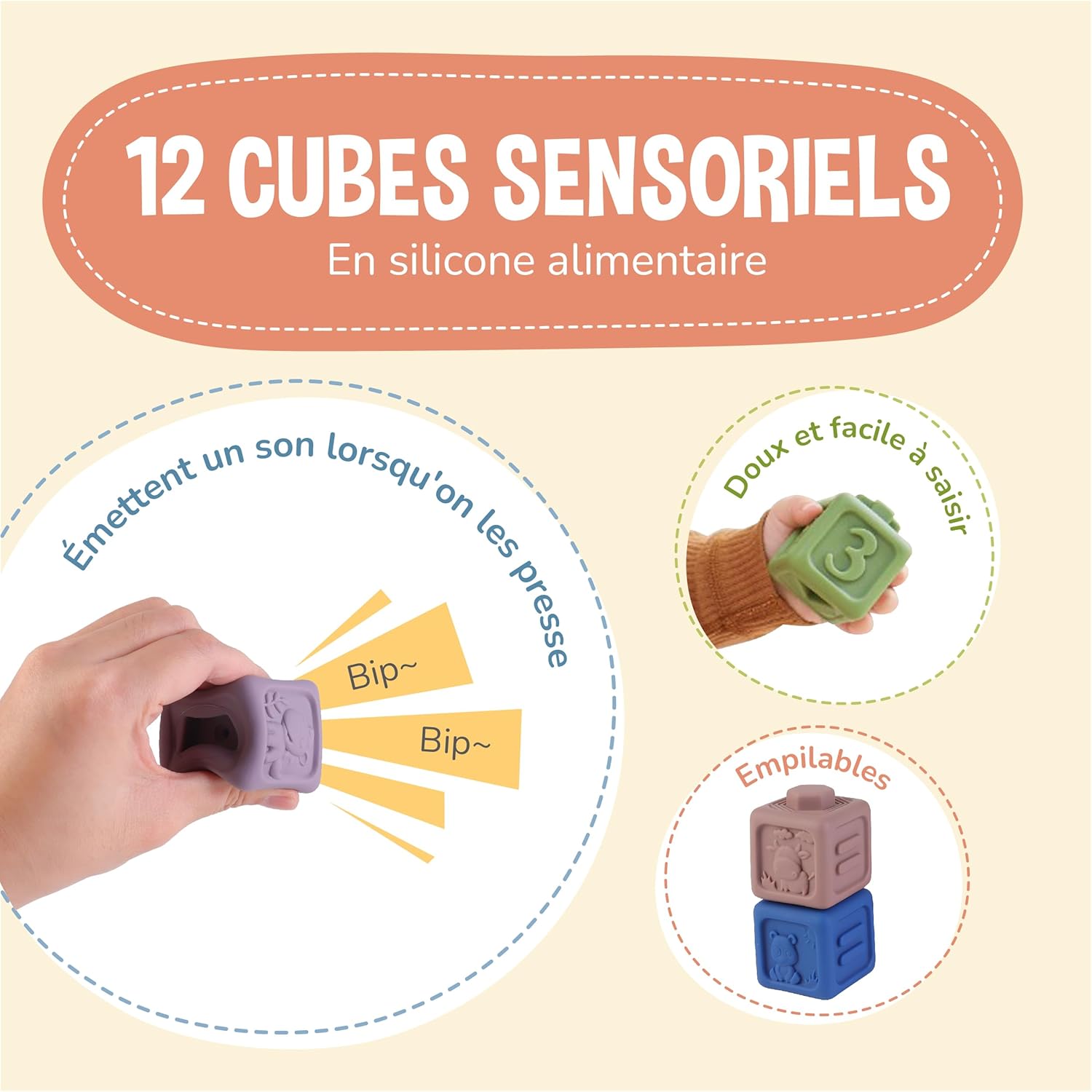 Thumbnail 1 de Jeux Montessori pour Bébé et Enfants 6 Mois et Plus – 12 Cubes d'activité en Silicone, Sans BPA