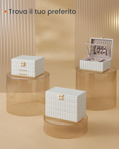 Detalle de SONGMICS HOME ANAH Collezione - Scatola Portagioie 3 Ripiani con Specchio, 2 Cassetti, PU con Cucitura, 21,5 x 24 x 15,8 cm, Bianco Nuvola