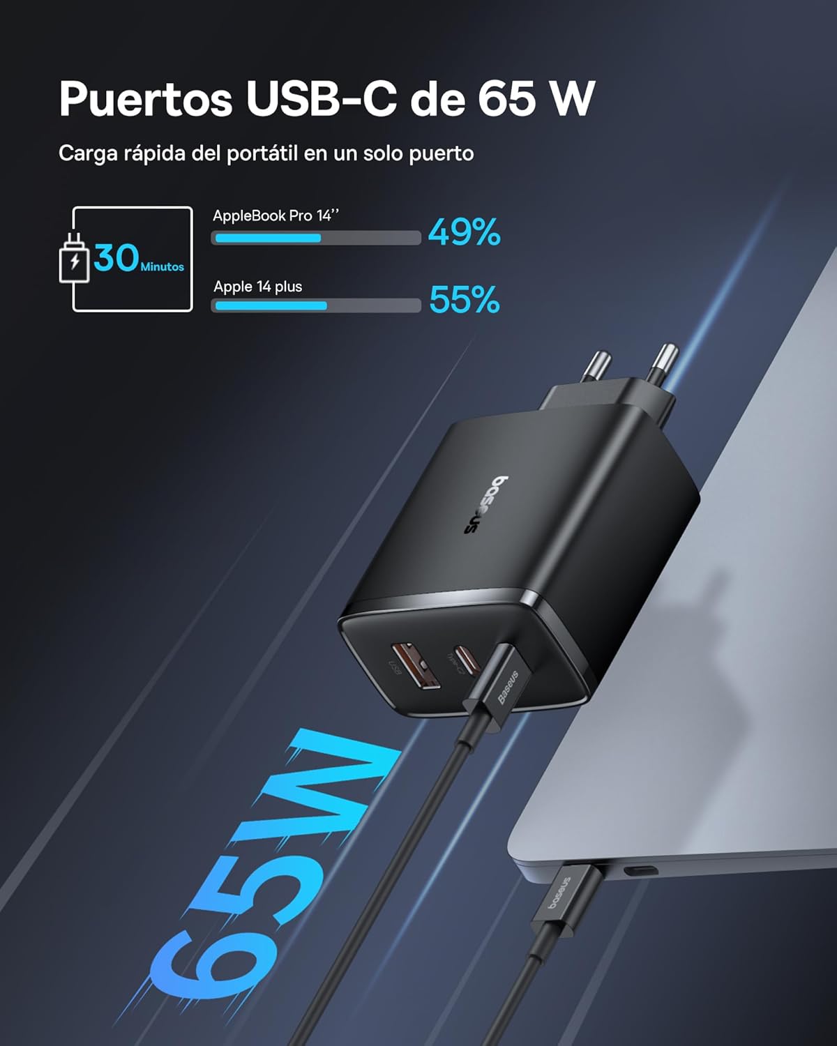 Thumbnail 1 de Baseus - Cargador USB C 65W, 3 Puertos, Rápido ⚡