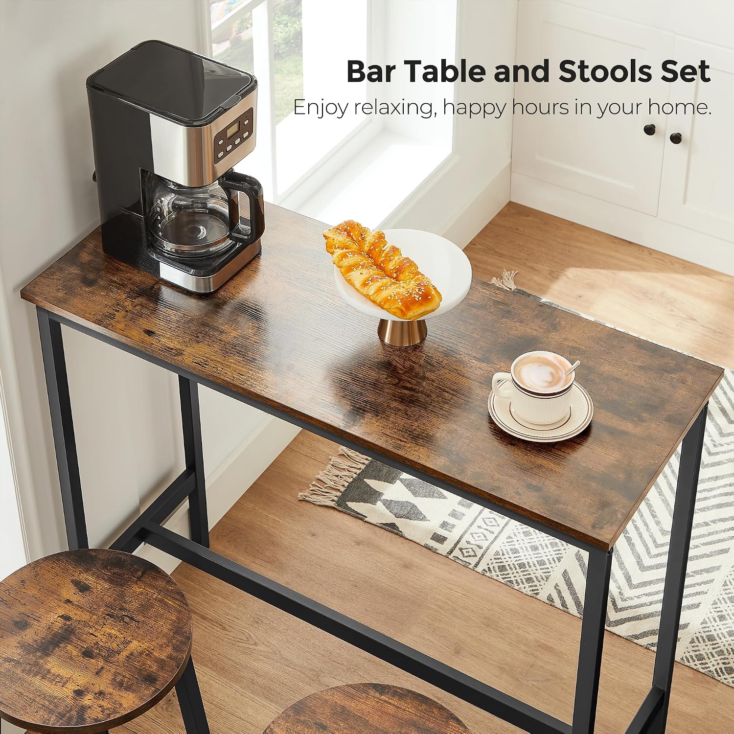 Thumbnail 4 de VASAGLE Dining Table Set: Bar Table with 2 Stools (100 x 40 cm) in Rustic Brown & Ink Black