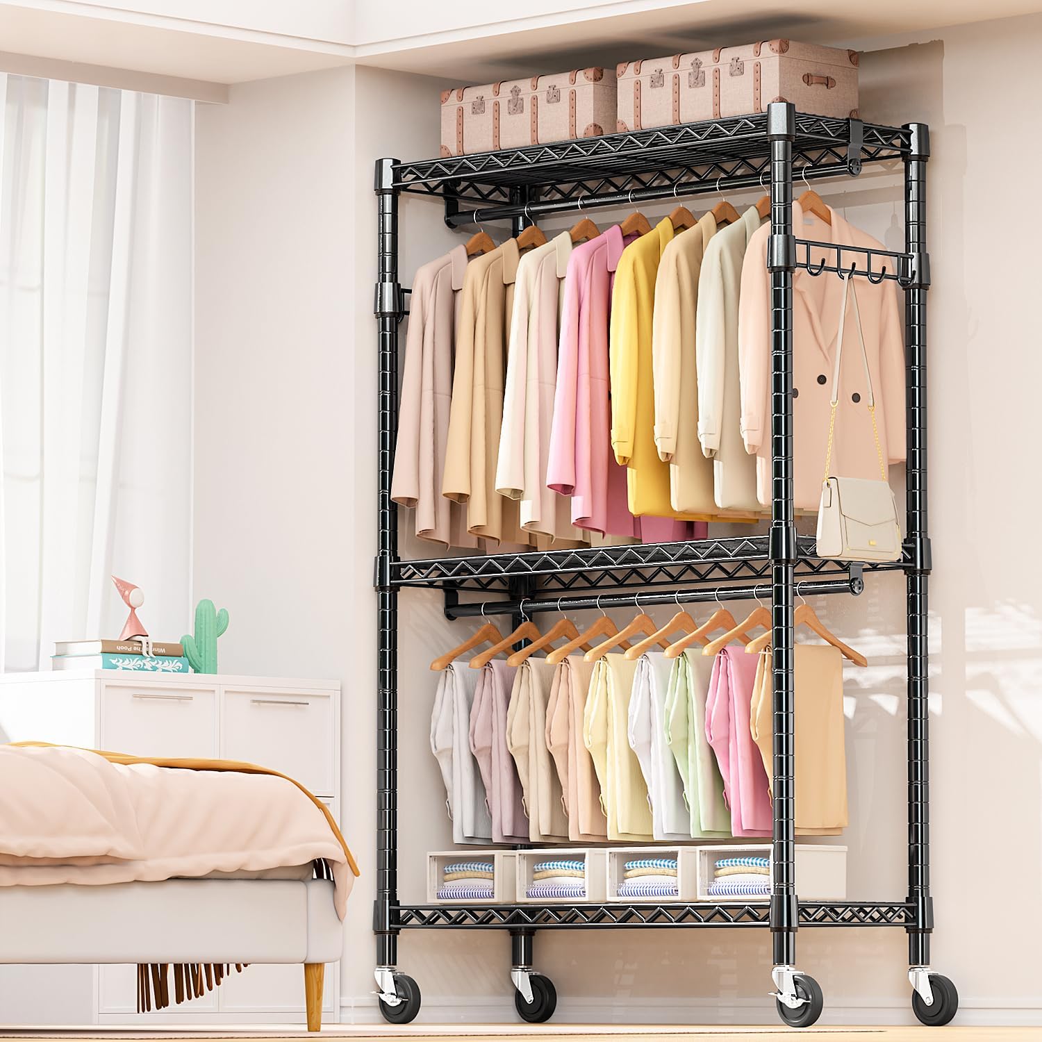 Thumbnail 1 de M MZG A45120205VBK302 Heavy-Duty Rolling Garment Rack, 3 Shelves, 2 Rods