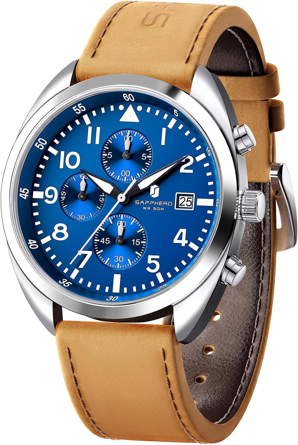 Detalle de SAPPHERO Montre Homme - Chronographe en cuir, cadran arabe, étui cadeau