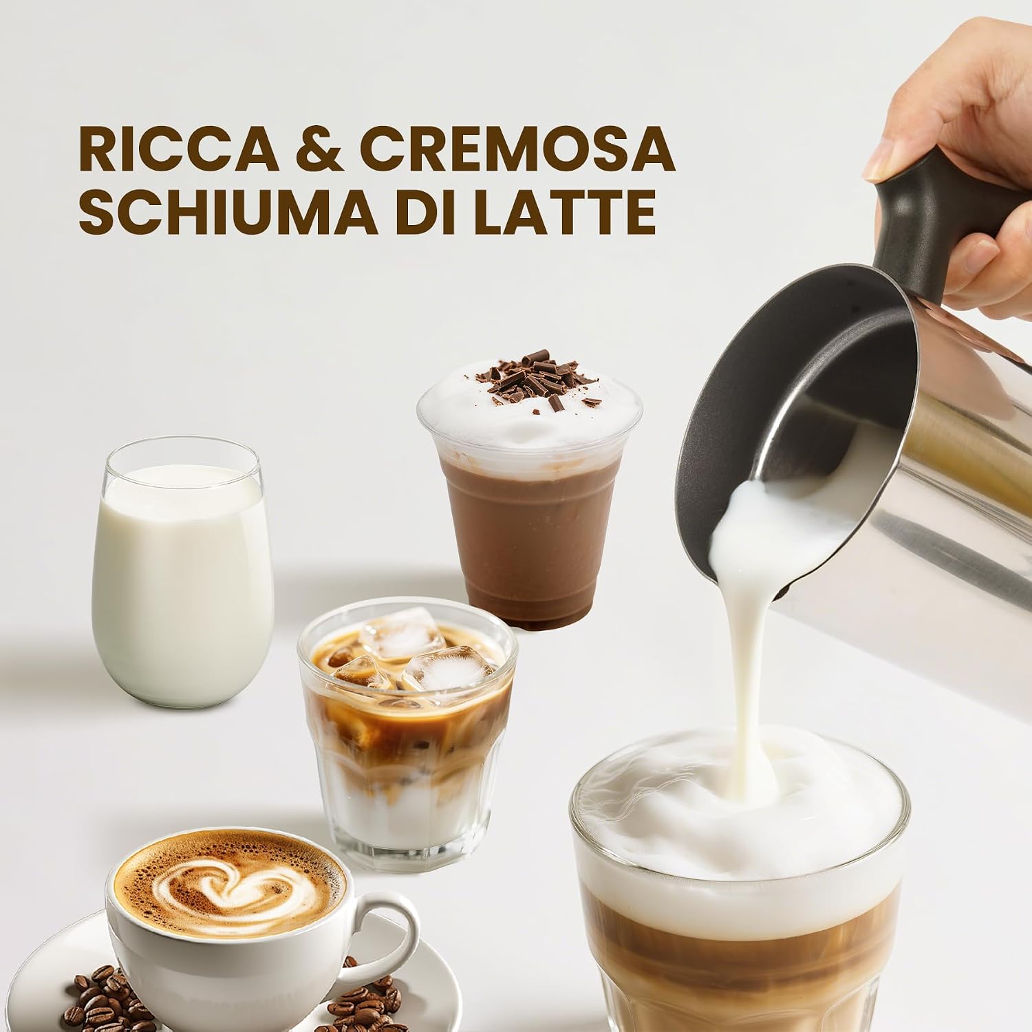 Detalle de Montalatte Elettrico 4 in 1 in acciaio inox 300 ml – versatilità per capuccino, caffè e cioccolata