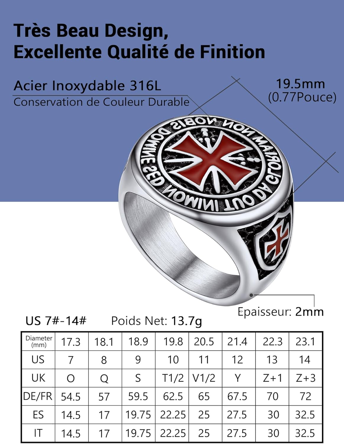 Thumbnail 3 de PROSTEEL Bague chevalière Templier homme en acier inoxydable 316L, croix templière, plaqué or/noir