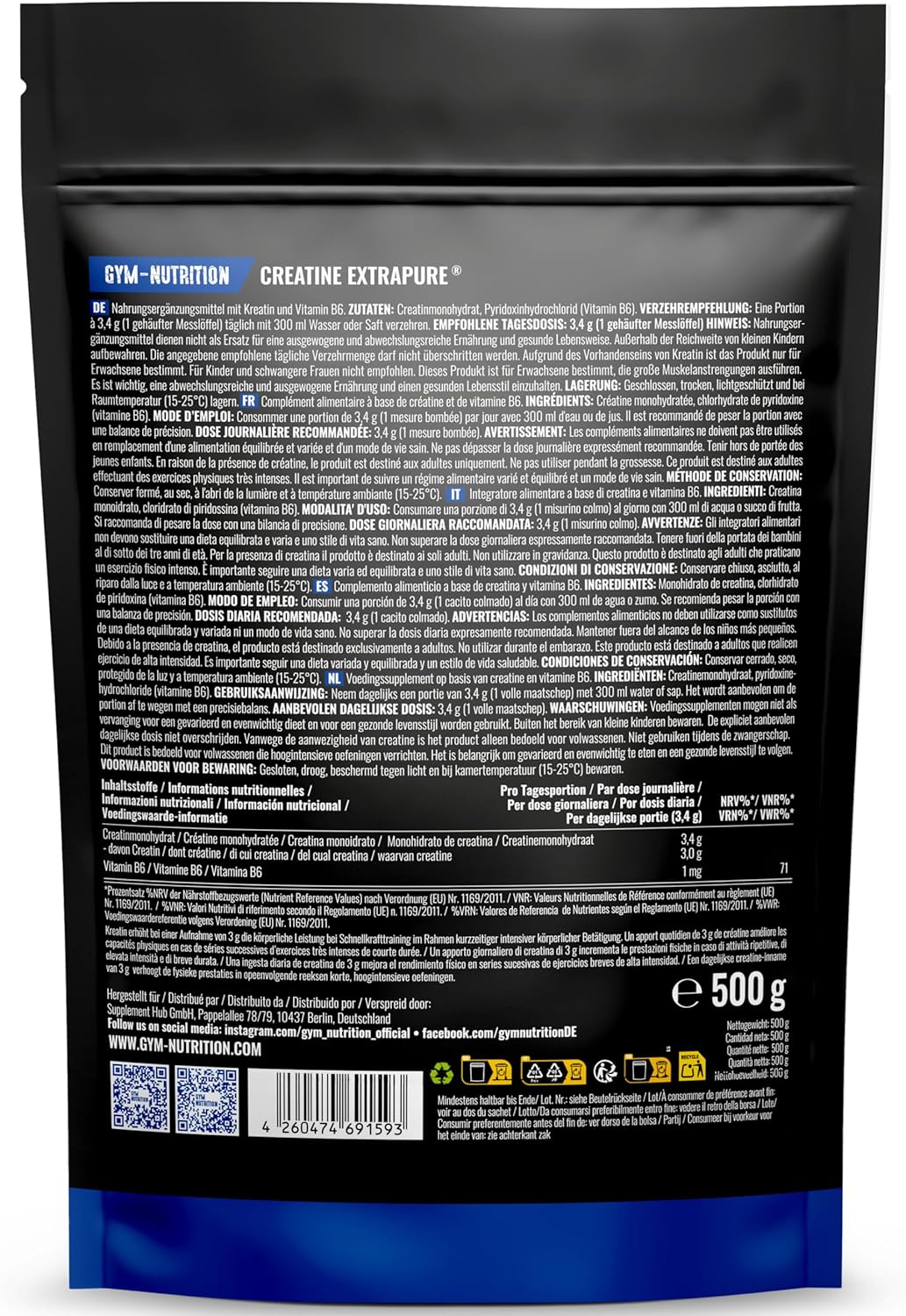 Detalle 2 de Creatin Monohydrat Pulver 500 g — mikronisiert, vegan 💊