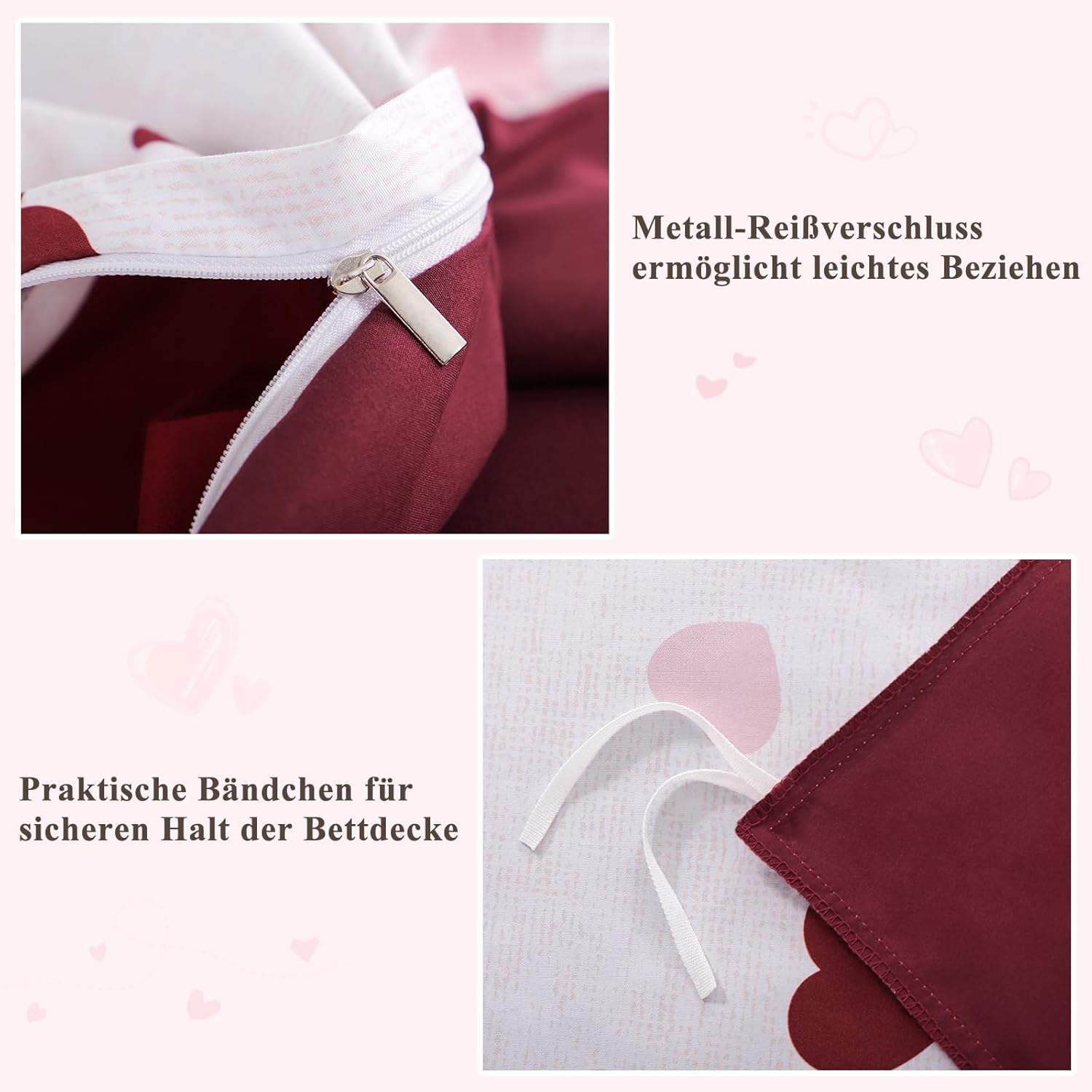 Thumbnail 5 de Aisbo Bettwäsche-Set 155x220 mit Herzen (Rosa/Rot) und Kissenbezug 80x80 aus Mikrofaser