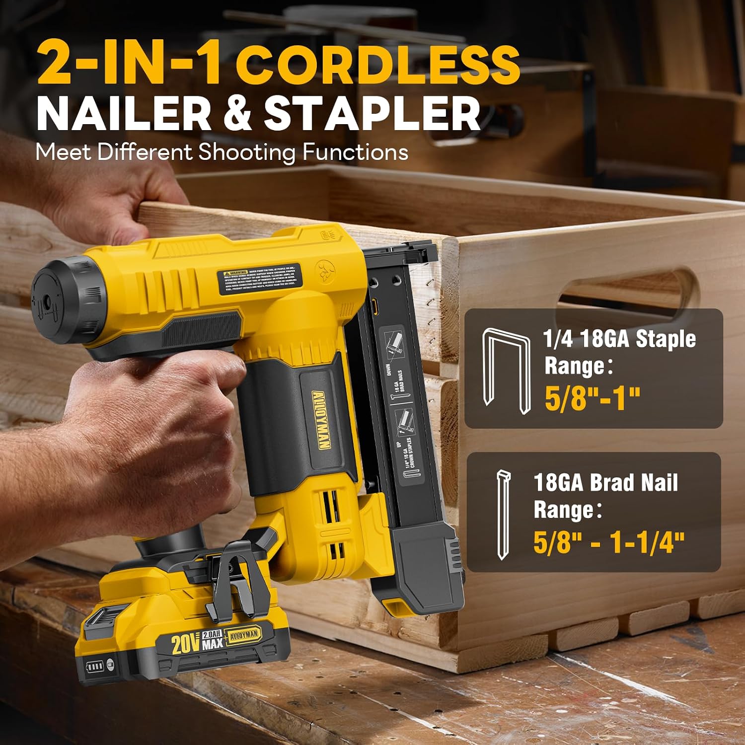 Thumbnail 1 de Alloyman 18 Gauge 2-in-1 Cordless Nail Gun and Stapler (Battery Powered) with 20V Battery, Charger, 1000 Nails and 500 Staples