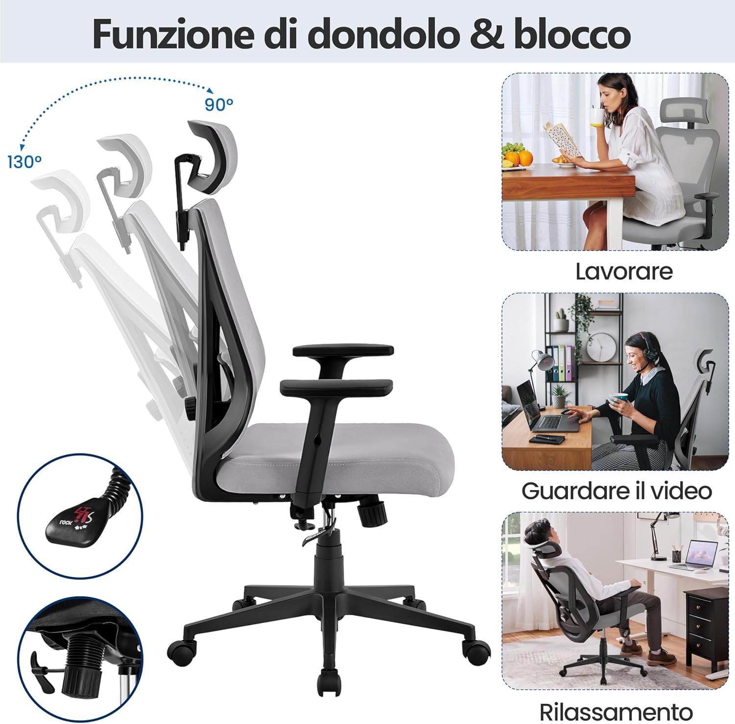 Detalle de Yaheetech Poltrona/Sedia Ufficio Ergonomica Lombare con Schienale Reclinabile e Braccioli Regolabili – 90°-130°, Rete Traspirante, SGS, EN1335, 136 kg