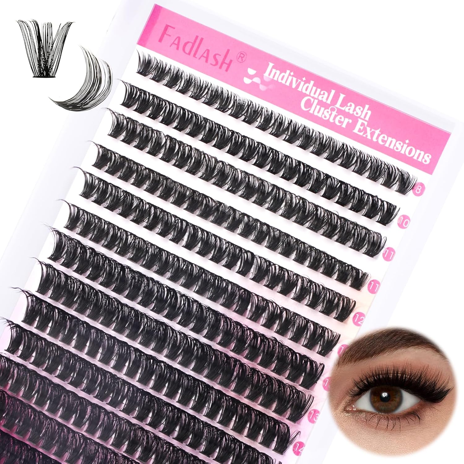 Detalle de Fadlash DIY Wimpern Extensions 0.07 D-8-16mm 60D Einzeln Wimpern Cluster – Für Anfänger