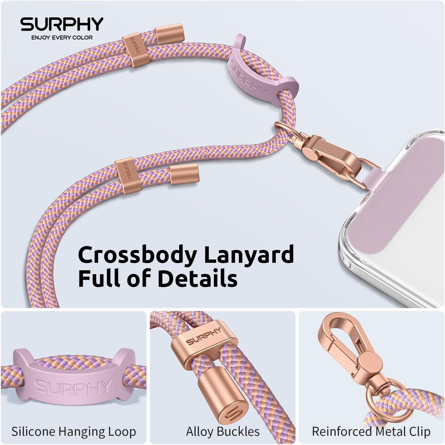 Thumbnail 1 de SURPHY Crossbody Phone Lanyard with 2 Tether Tabs, Adjustable Pink & Purple