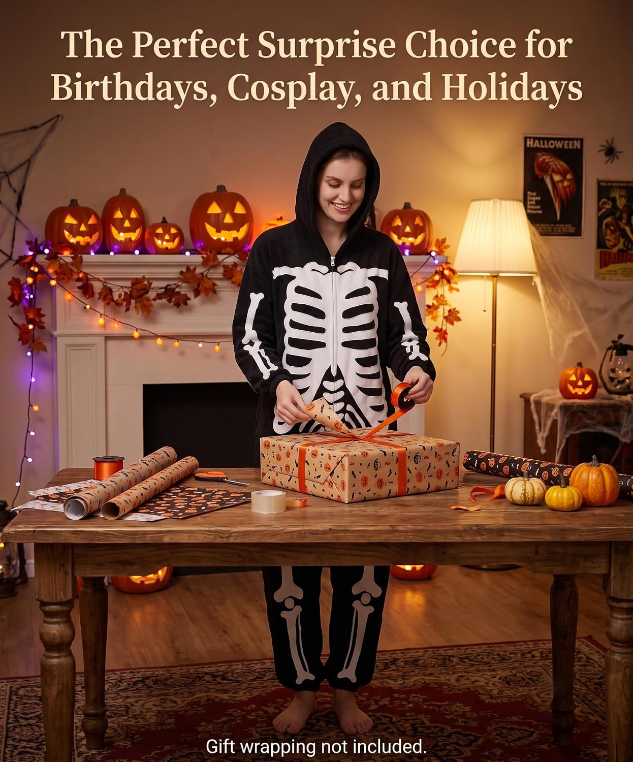 Thumbnail 6 de Hundredmore Adult Skeleton Onesie Pajamas with Plush Fabric, Zip Front and Pockets