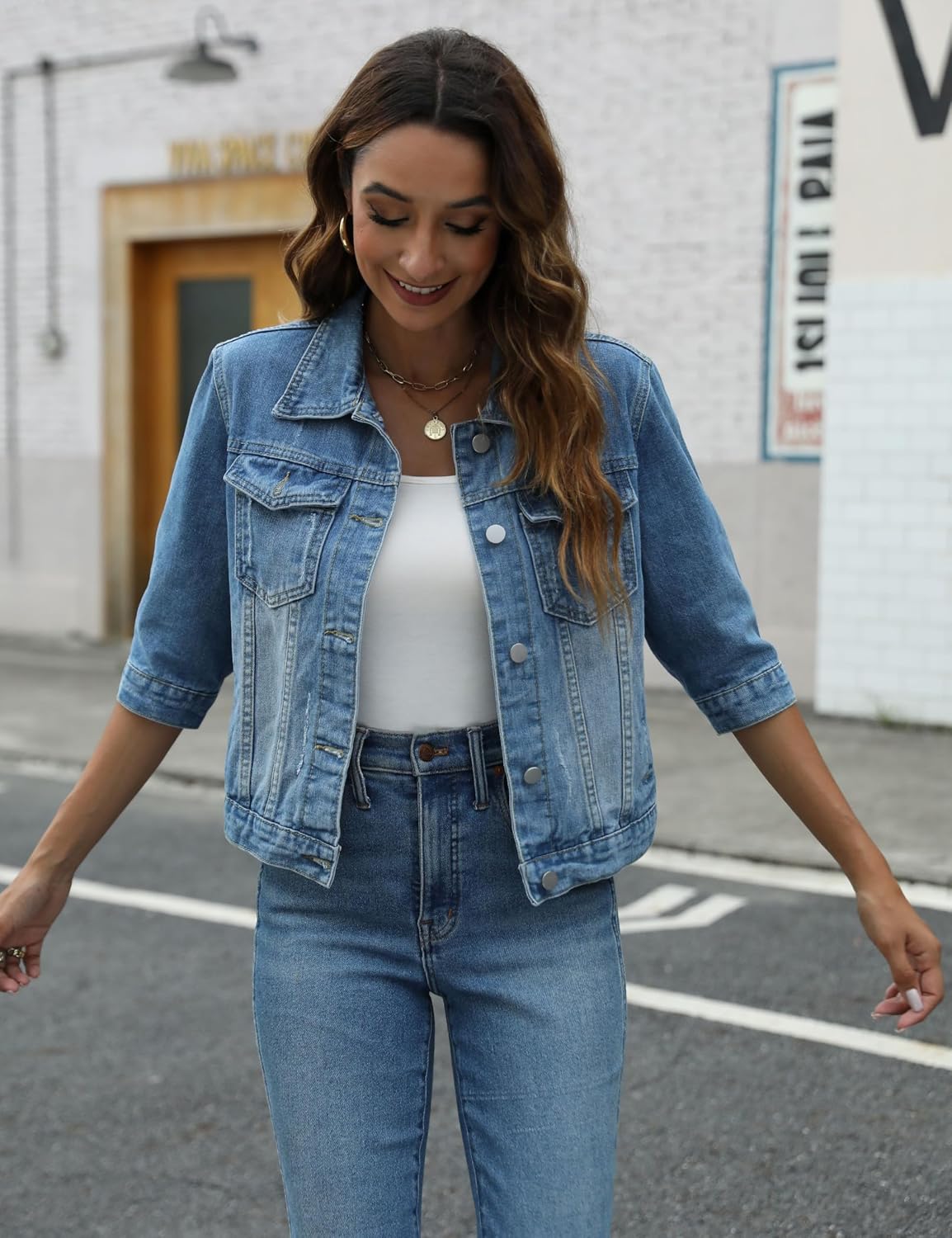 Detalle de Unilexi Women's 3/4 Sleeve Colored Cropped Denim Jacket